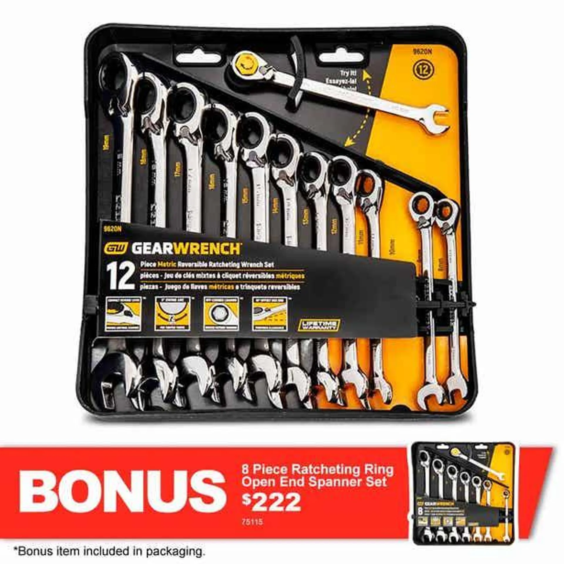 GEARWRENCH Reversible Metric Wrench Set 12pc w. BONUS Reversible SAE Wrench Set 8pc 9620NB