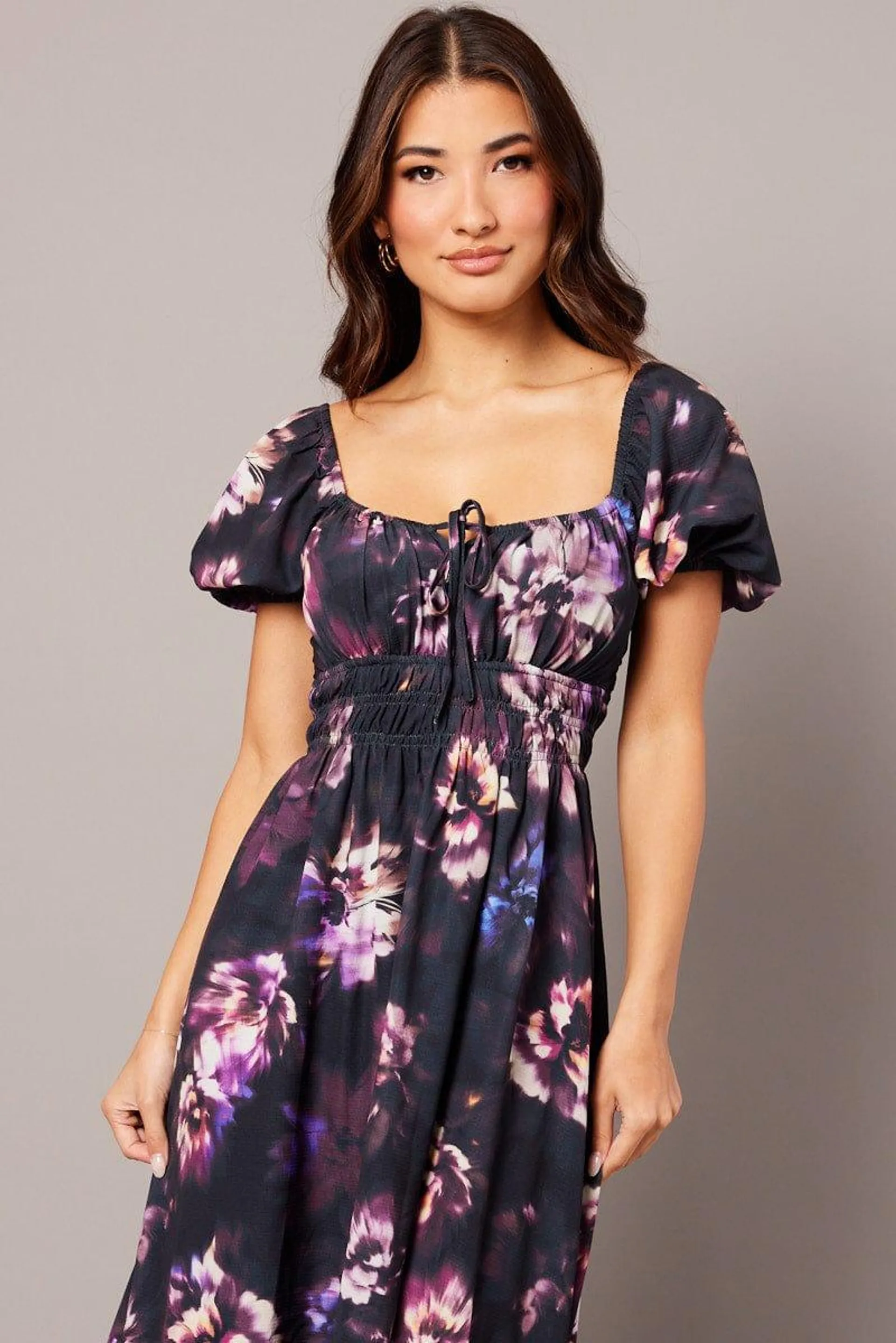 Purple Floral Midi Dress Short Sleeve Ruched Bust