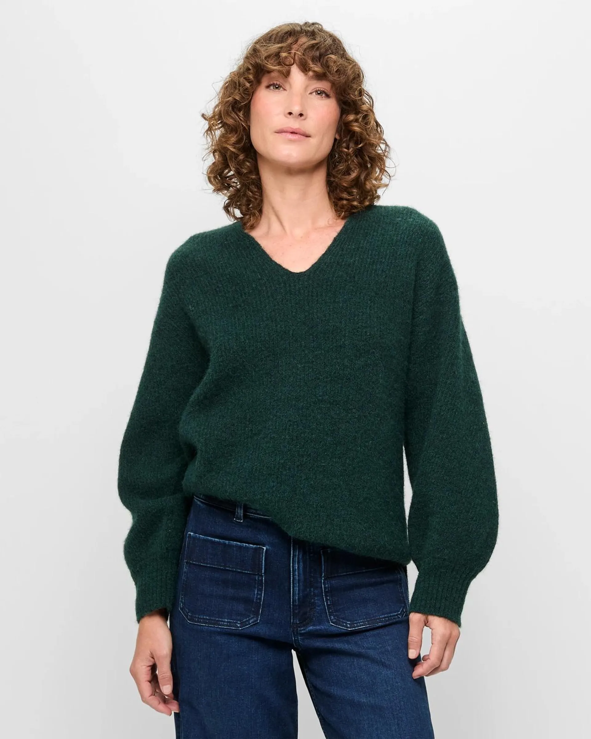 Balloon Sleeve Lofty V-Neck Jumper - Deep Forest Green