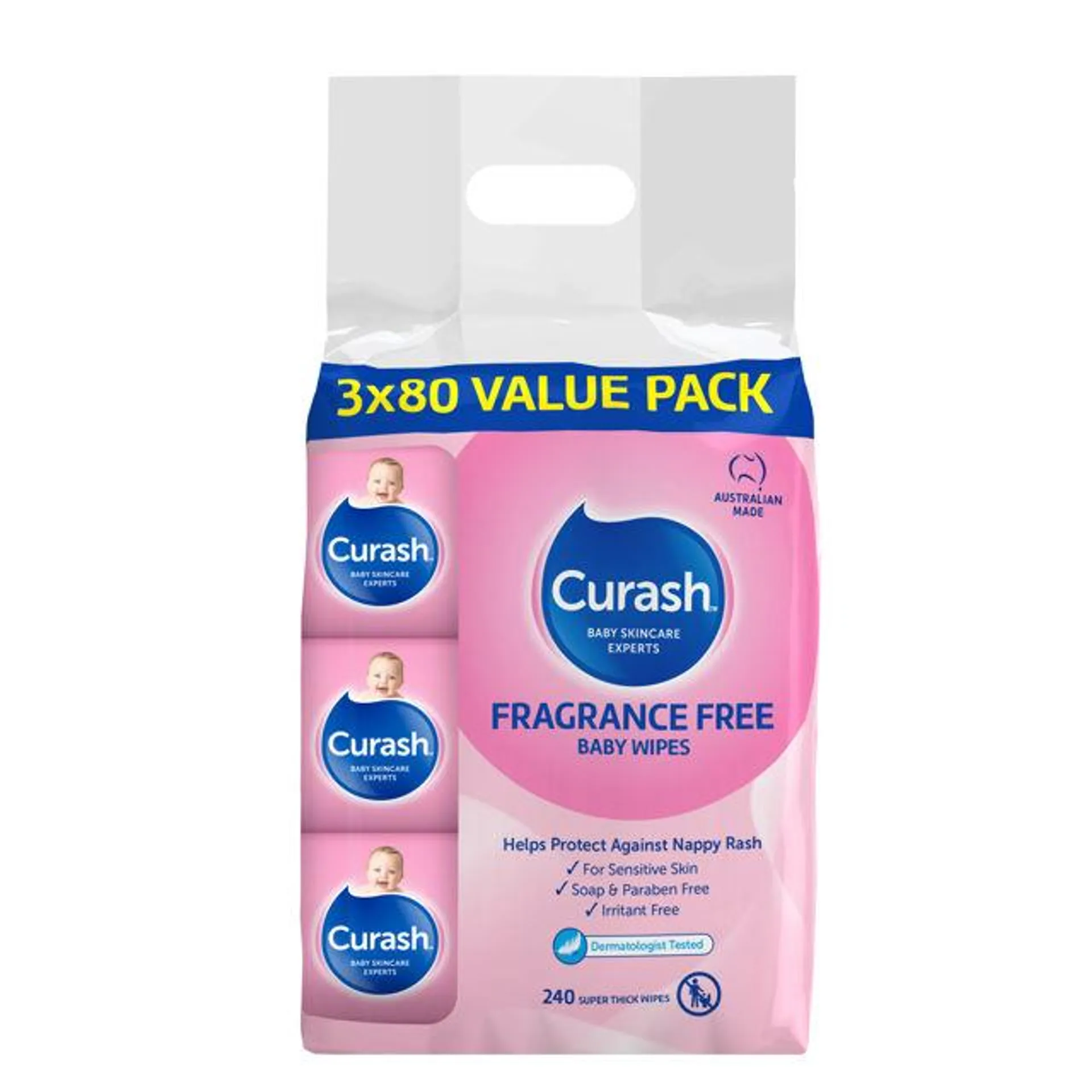 Curash Wipes Fragrance Free 80 wipes - 3 pack