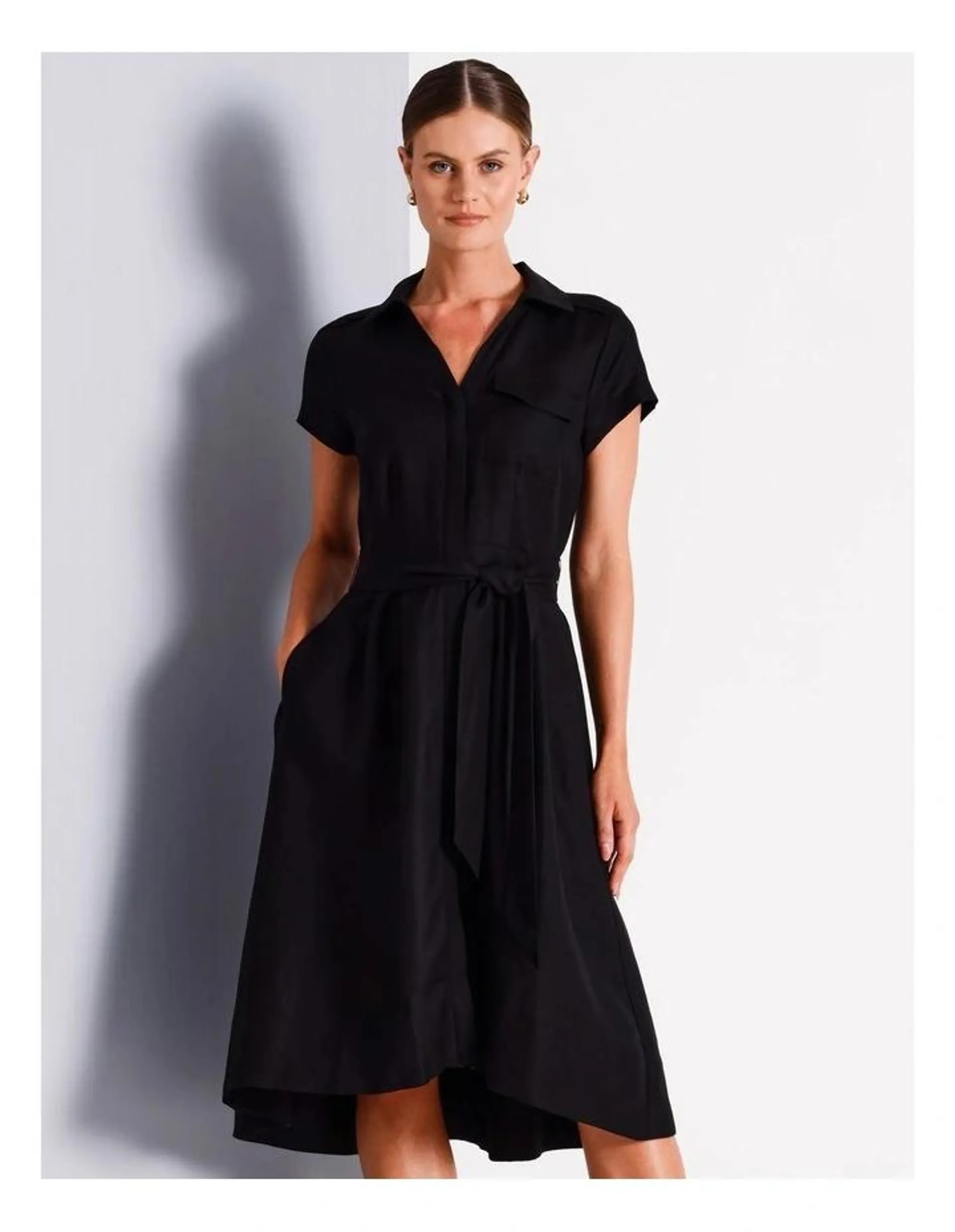 European Linen Blend Tie Waist Dress in Black