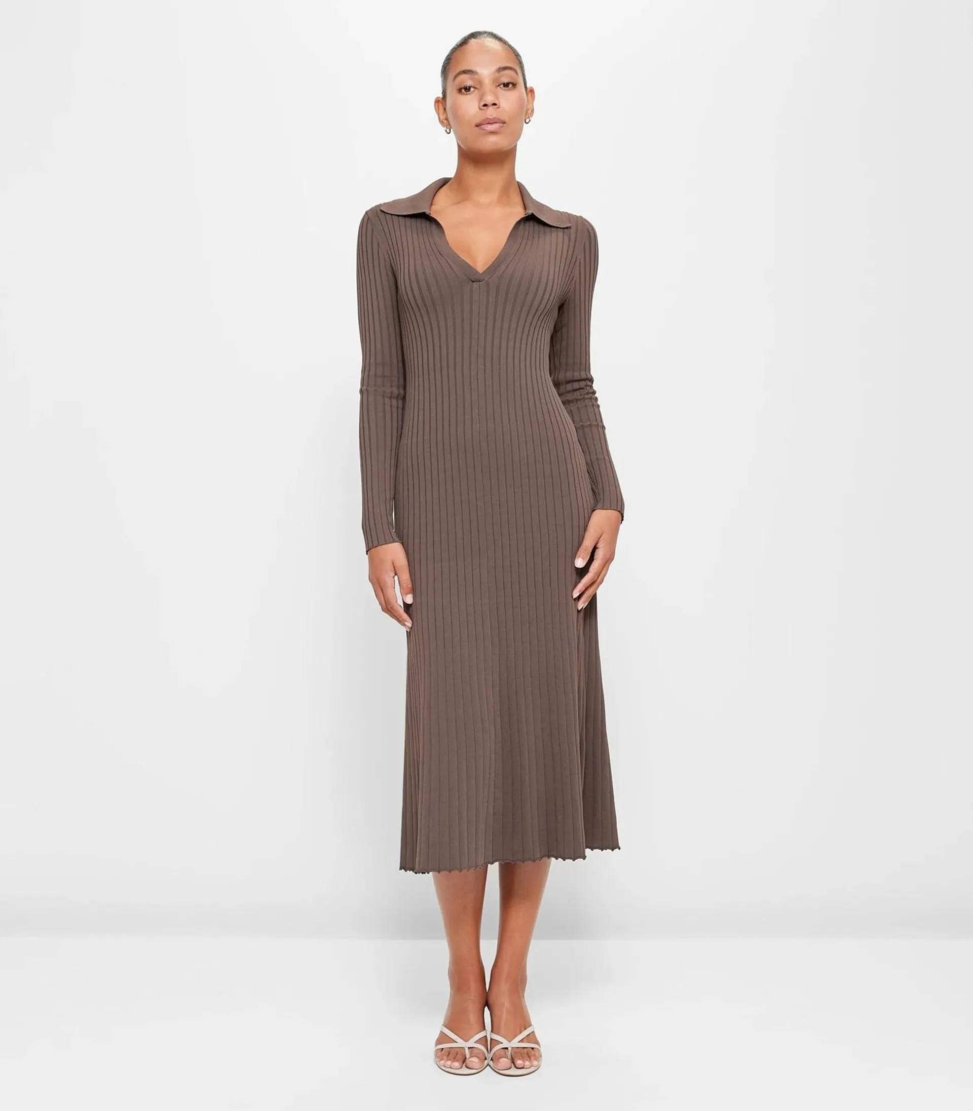 Long Sleeve Collared Rib Polo Dress - Preview - Mocha