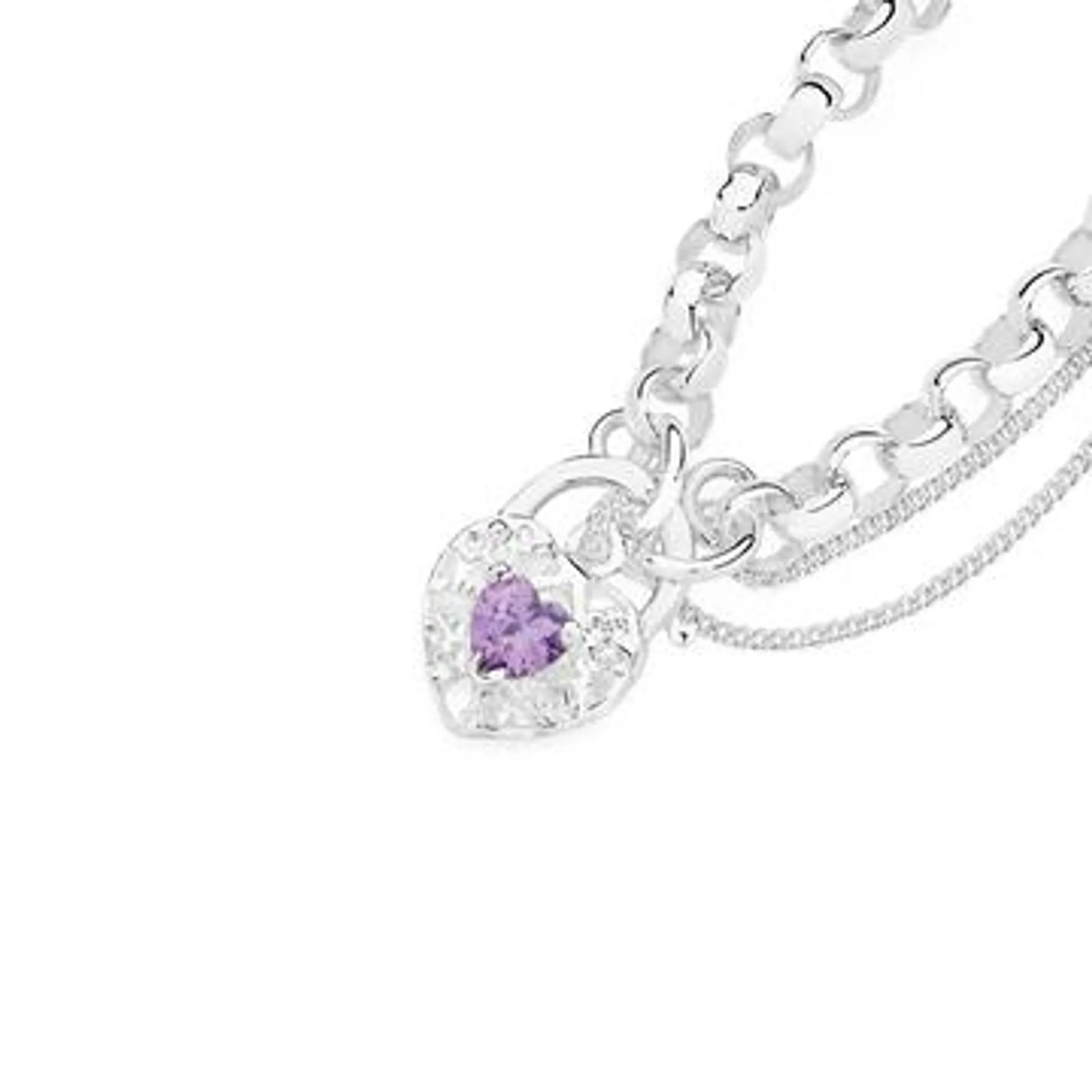 Sterling Silver Violet Cubic Zirconia Padlock Bracelet