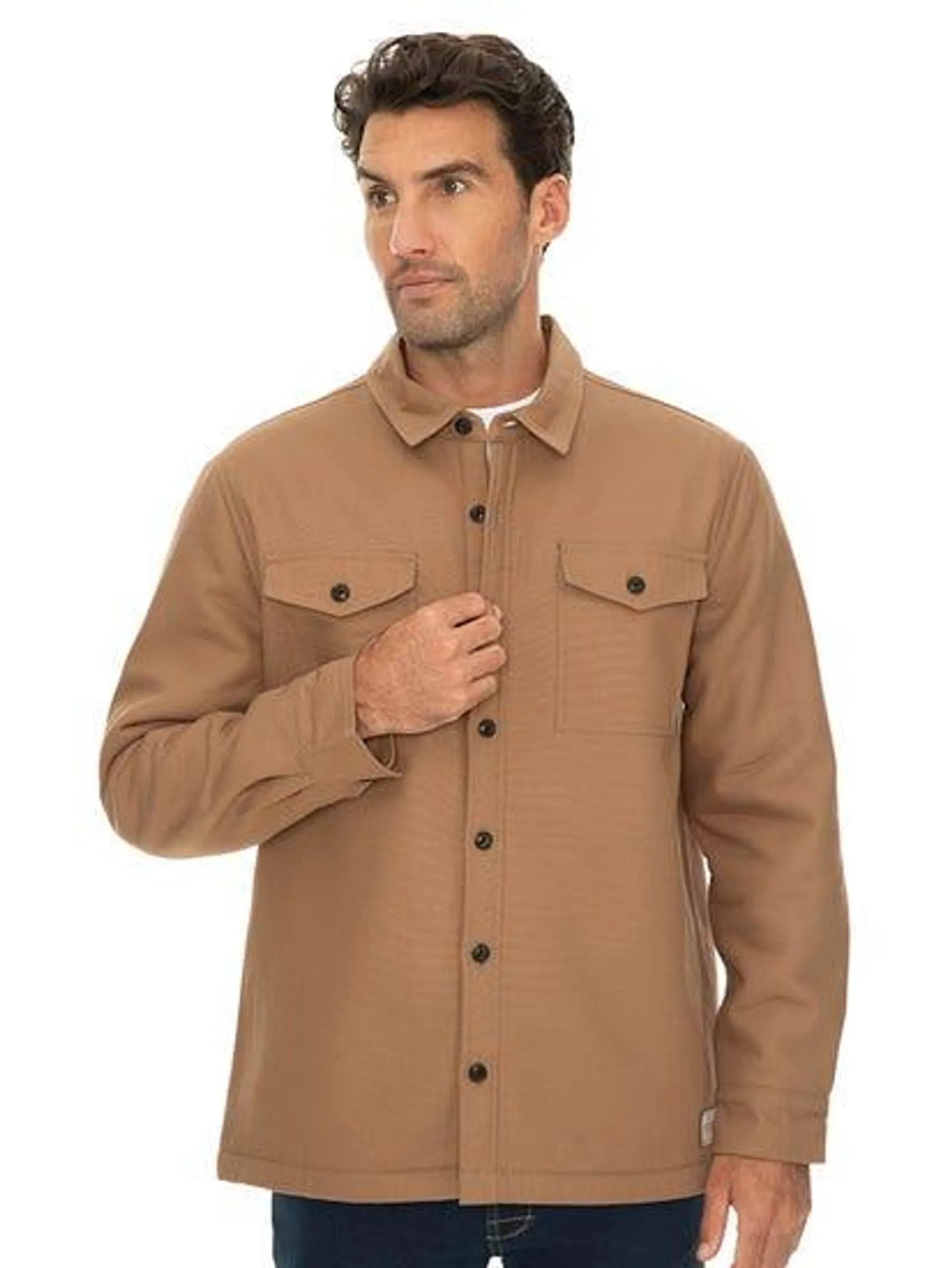 Mens Button Front Canvas Sherpa Lined Jacket Caramel