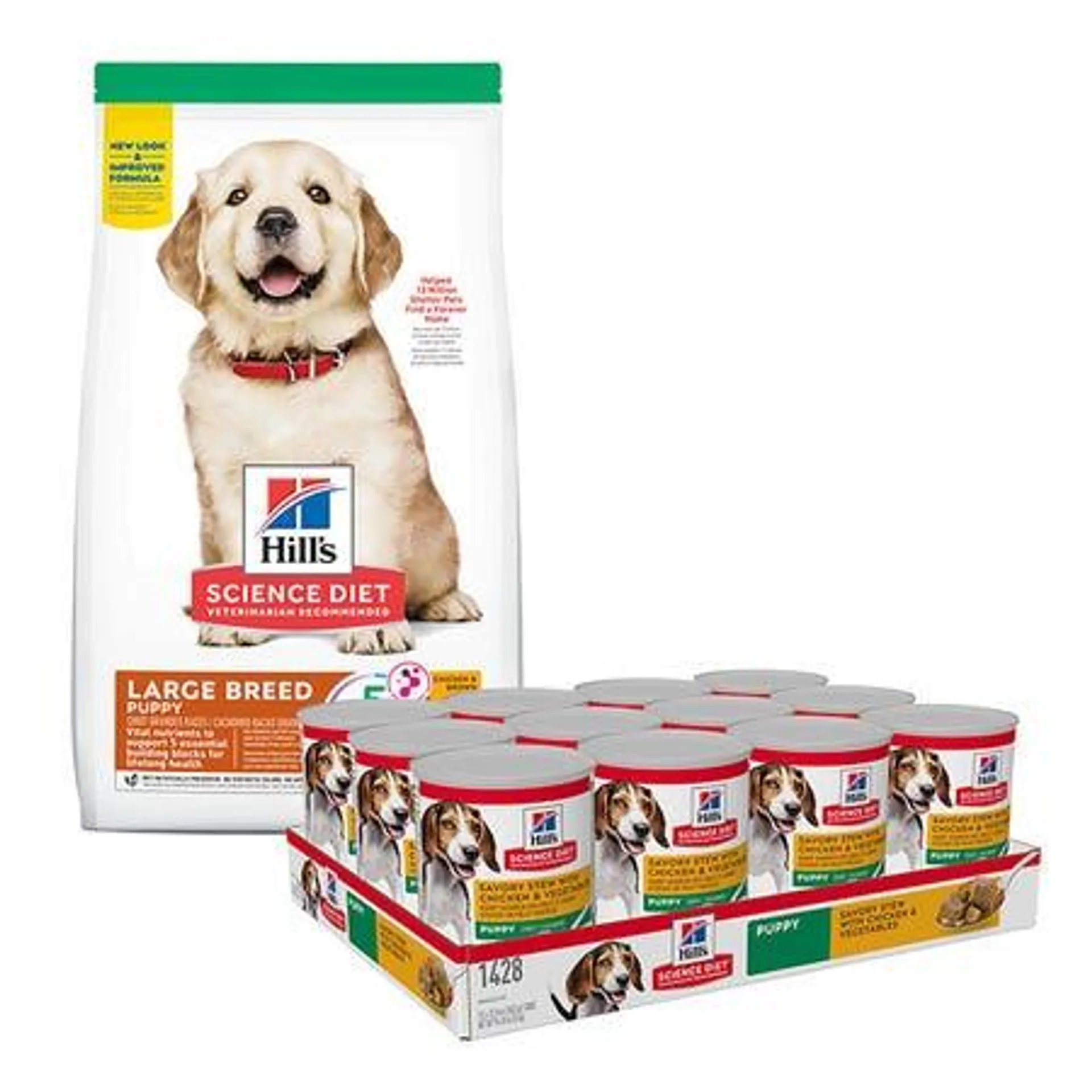 Science Diet Large Breed Puppy Food 12kg & Stewed Chicken & Vegetables Puppy Can 363gx12