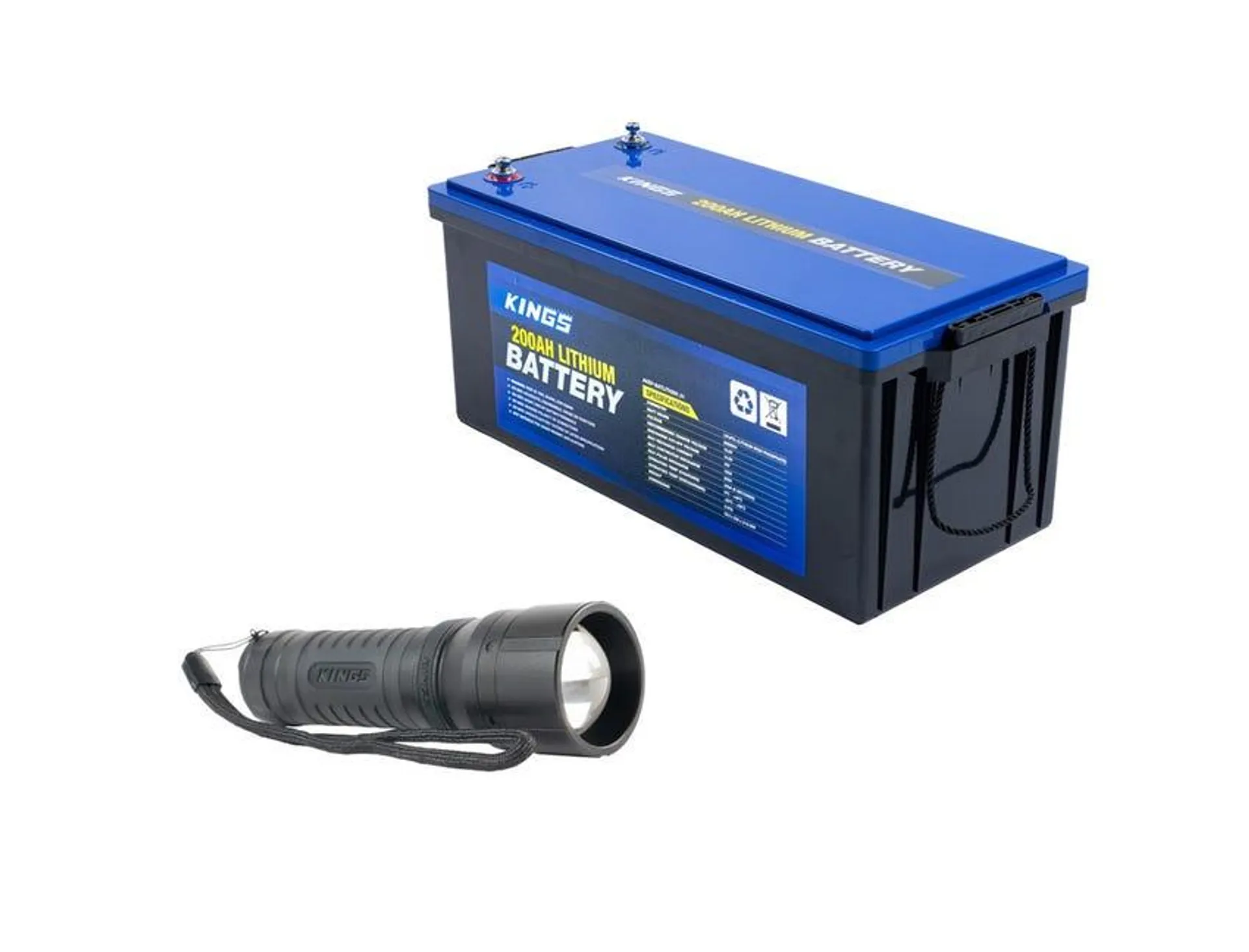 Kings 12V 200Ah Deep Cycle Lithium LiFePO4 Battery + Mini LED Torch