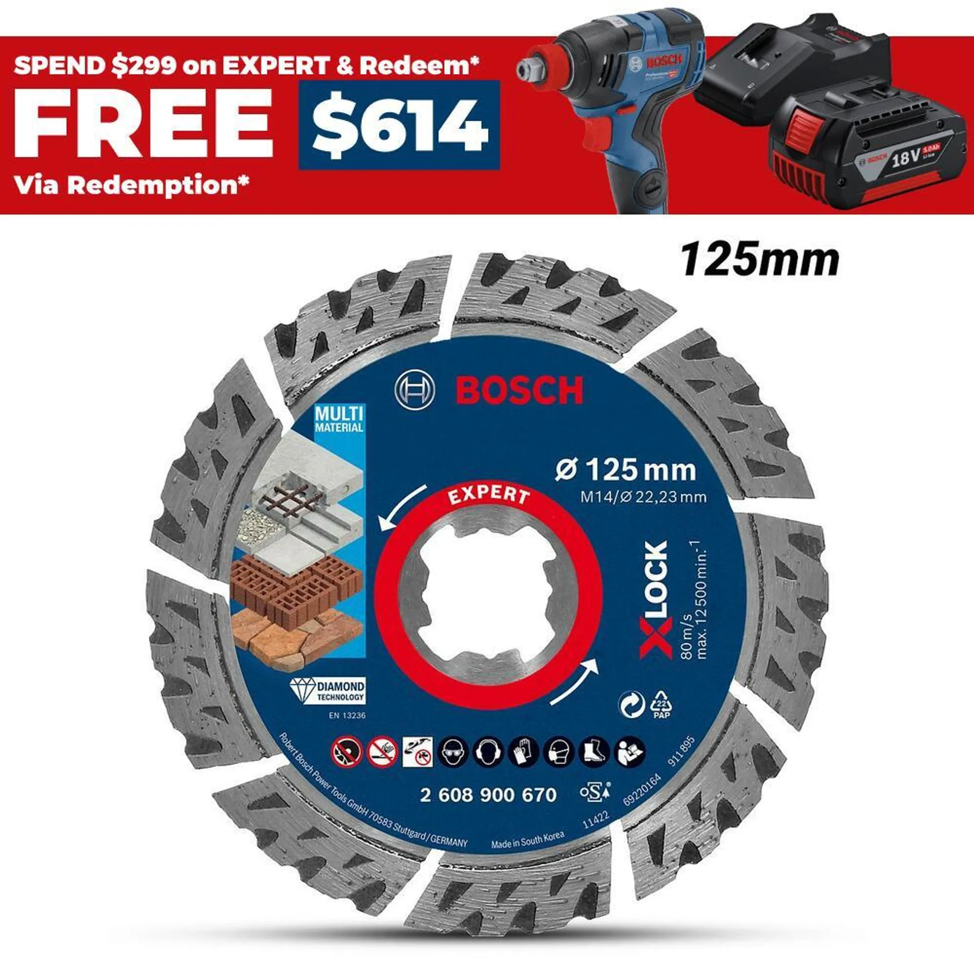 Bosch 2.608.900.670 EXPERT 125mm (5”) MultiMaterial X-LOCK Diamond Cutting Disc