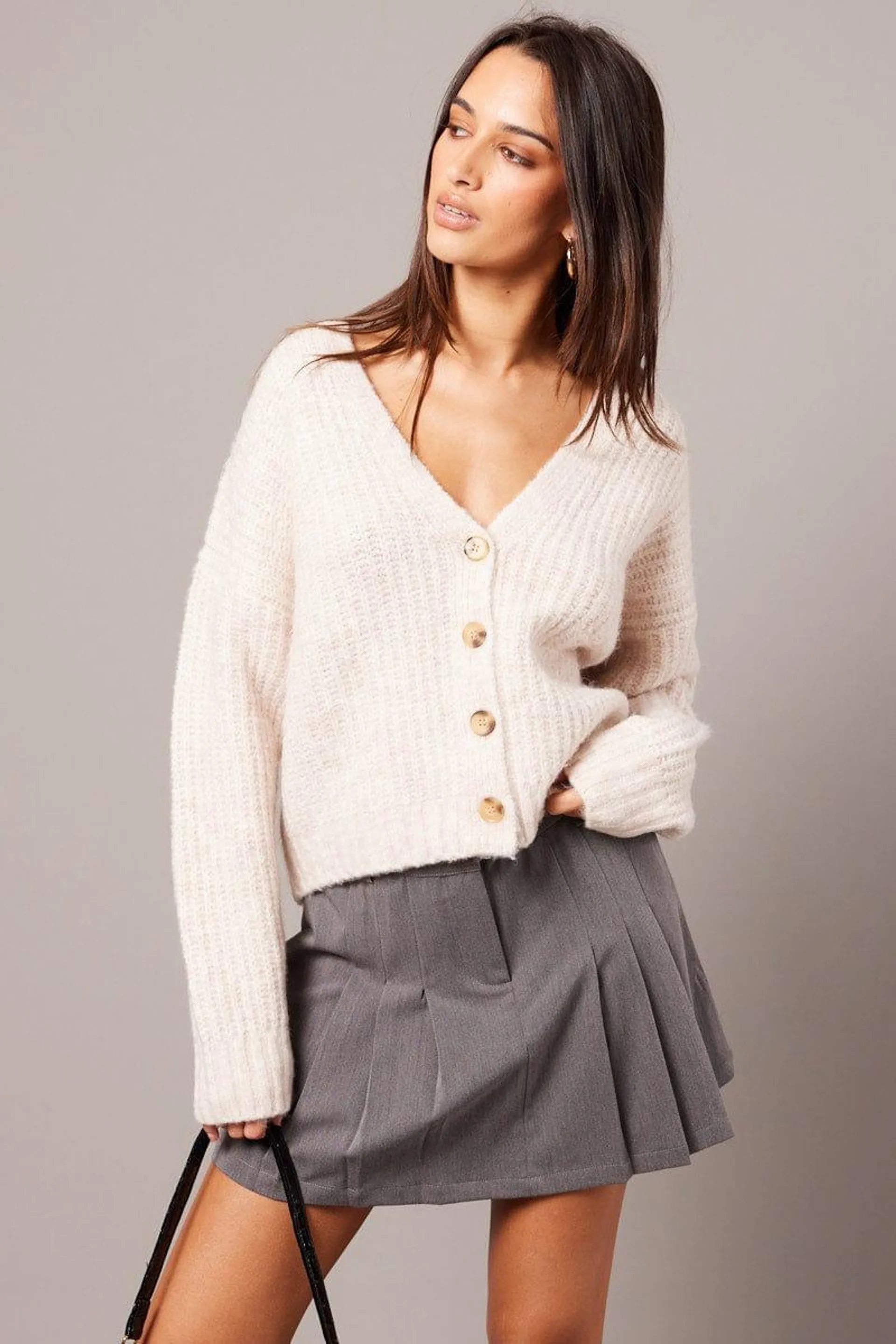 Beige Oversized Knit Cardigan V Neck