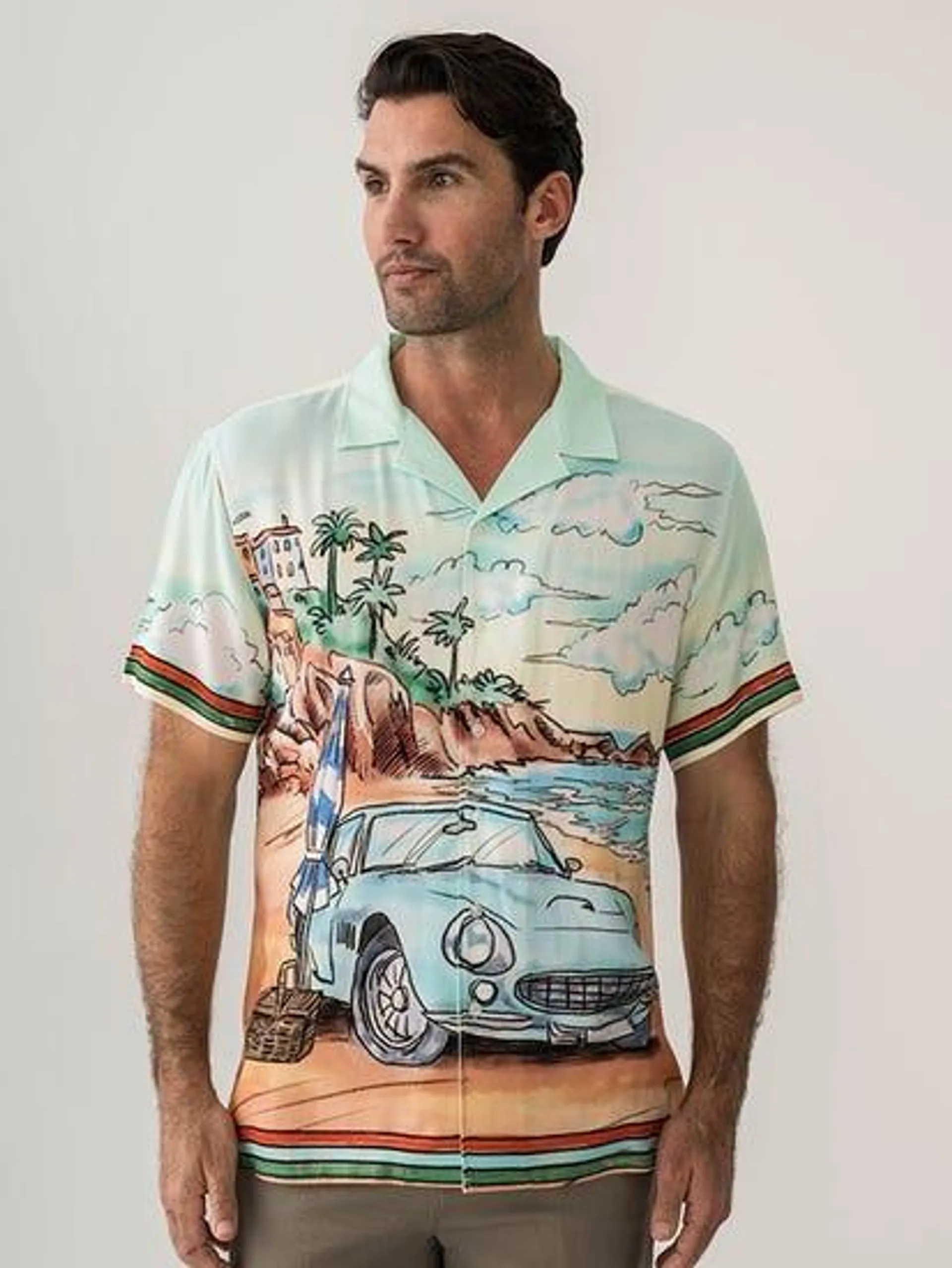 Pacifica Short Sleeve Rayon Shirt Car Holiday Print Aqua