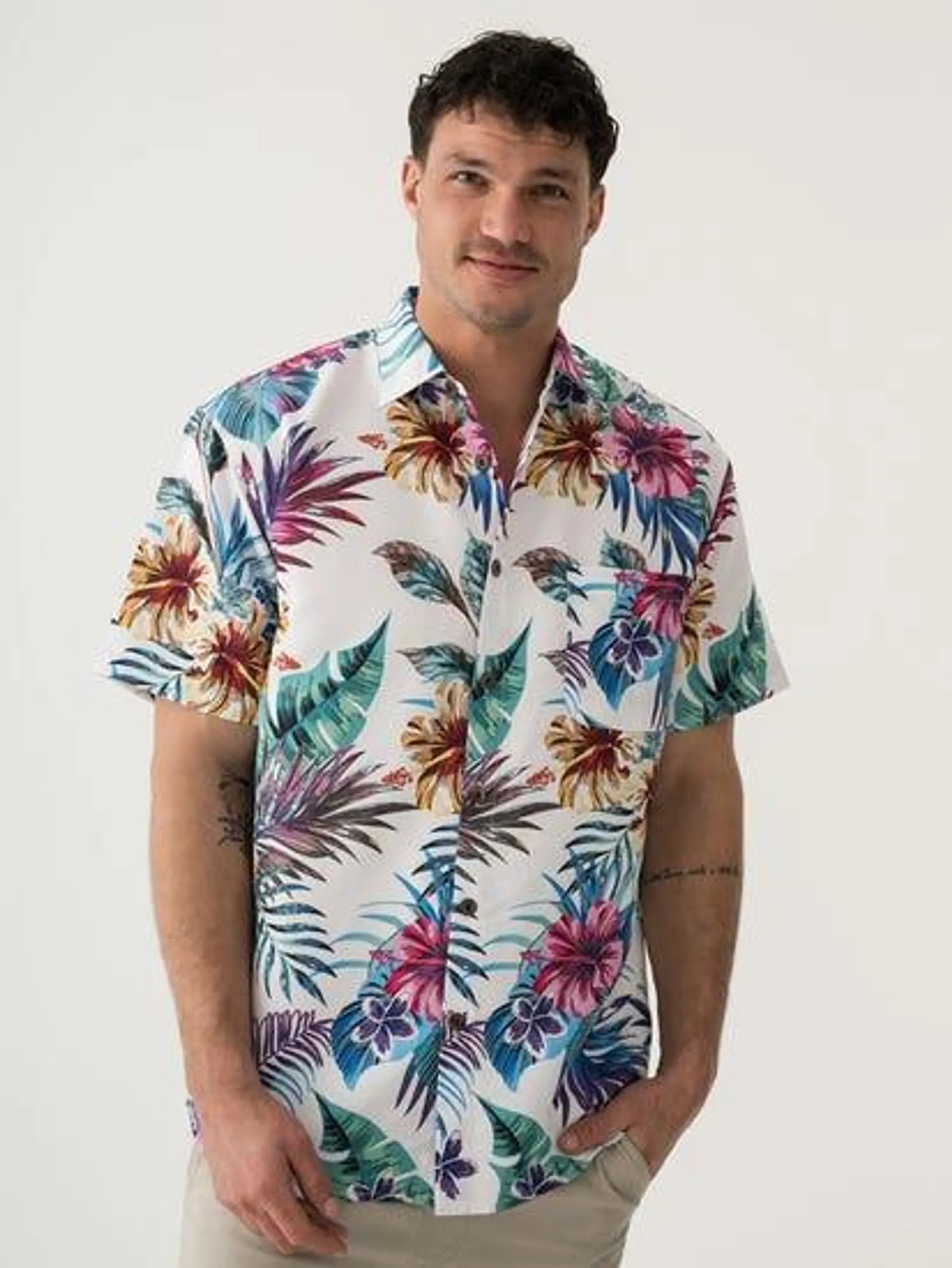 Pacifica Hawaiian Shirt White Tropical Print