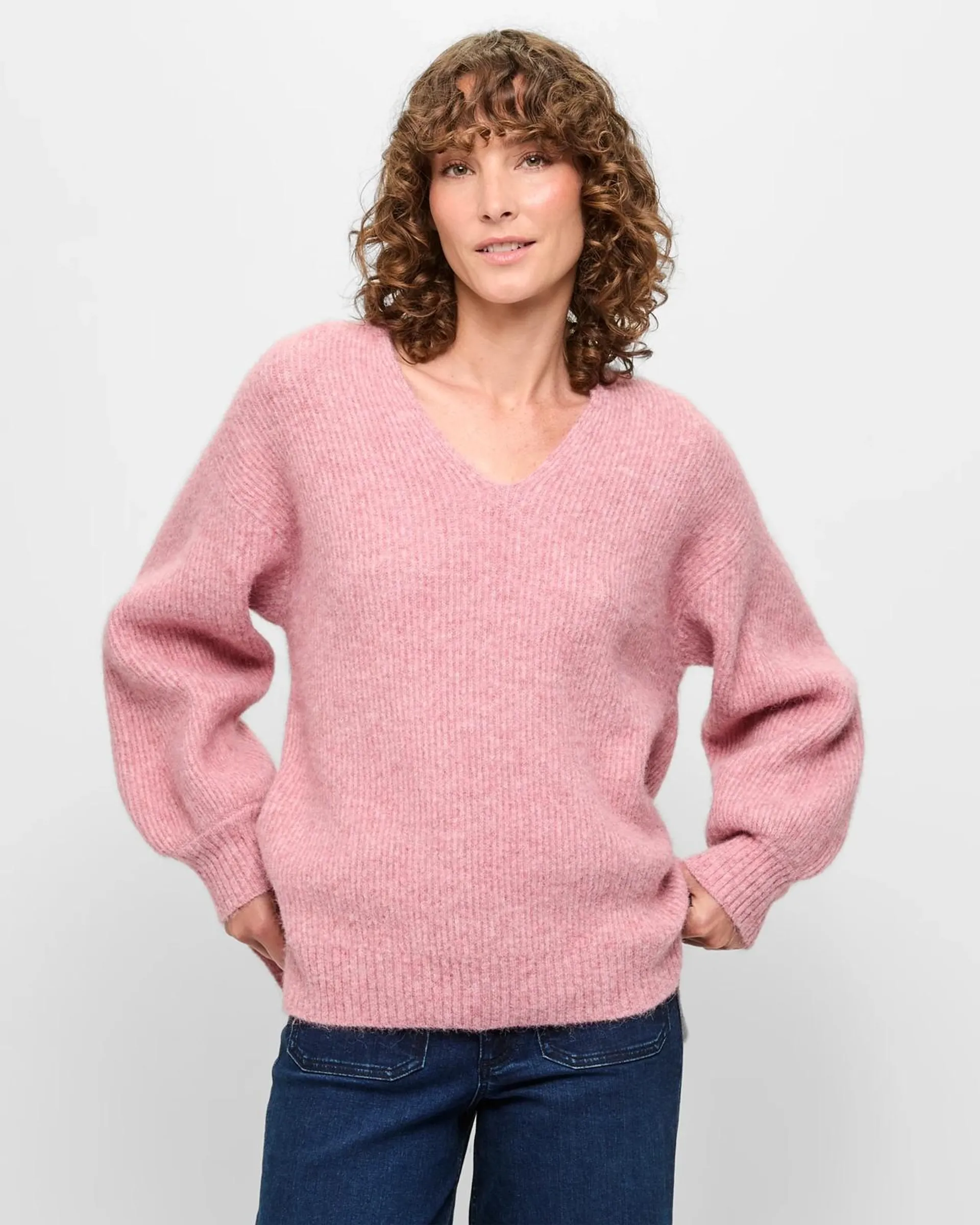 Balloon Sleeve Lofty V-Neck Jumper - Dusty Rose