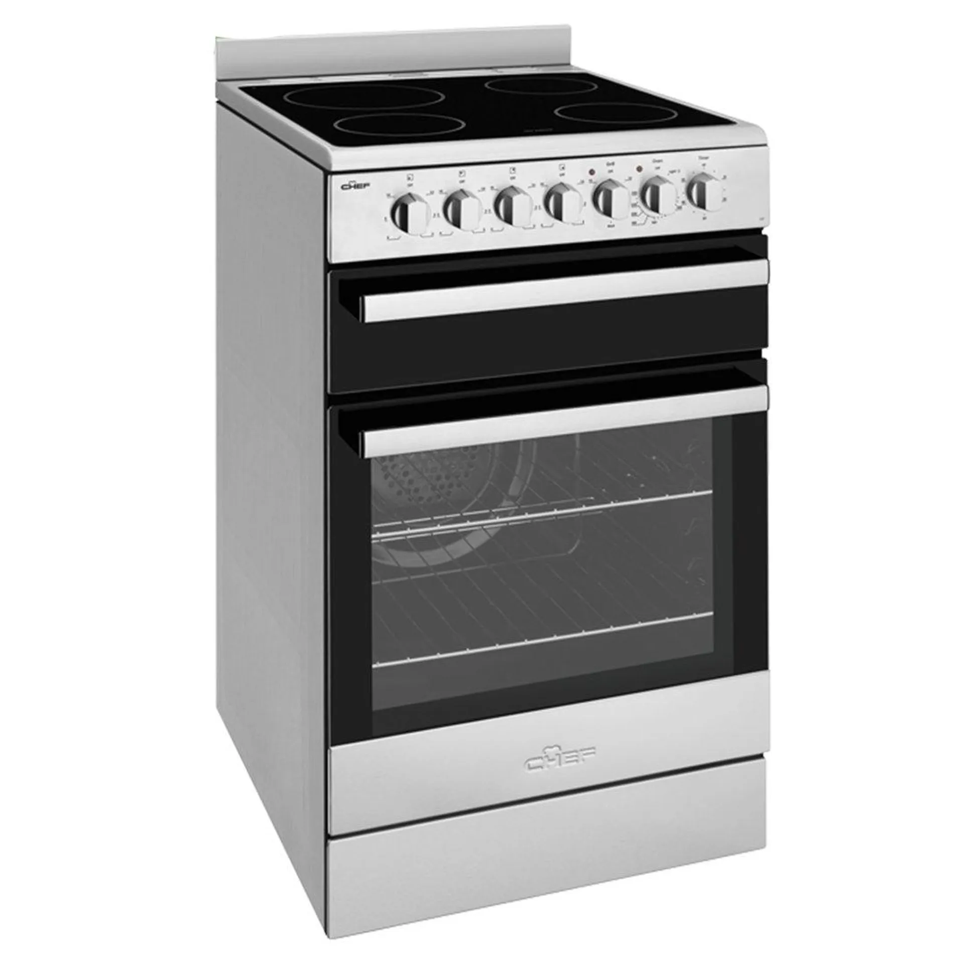 Chef 54cm freestanding cooker with electric cooktop, stainless steel CFE547SBB