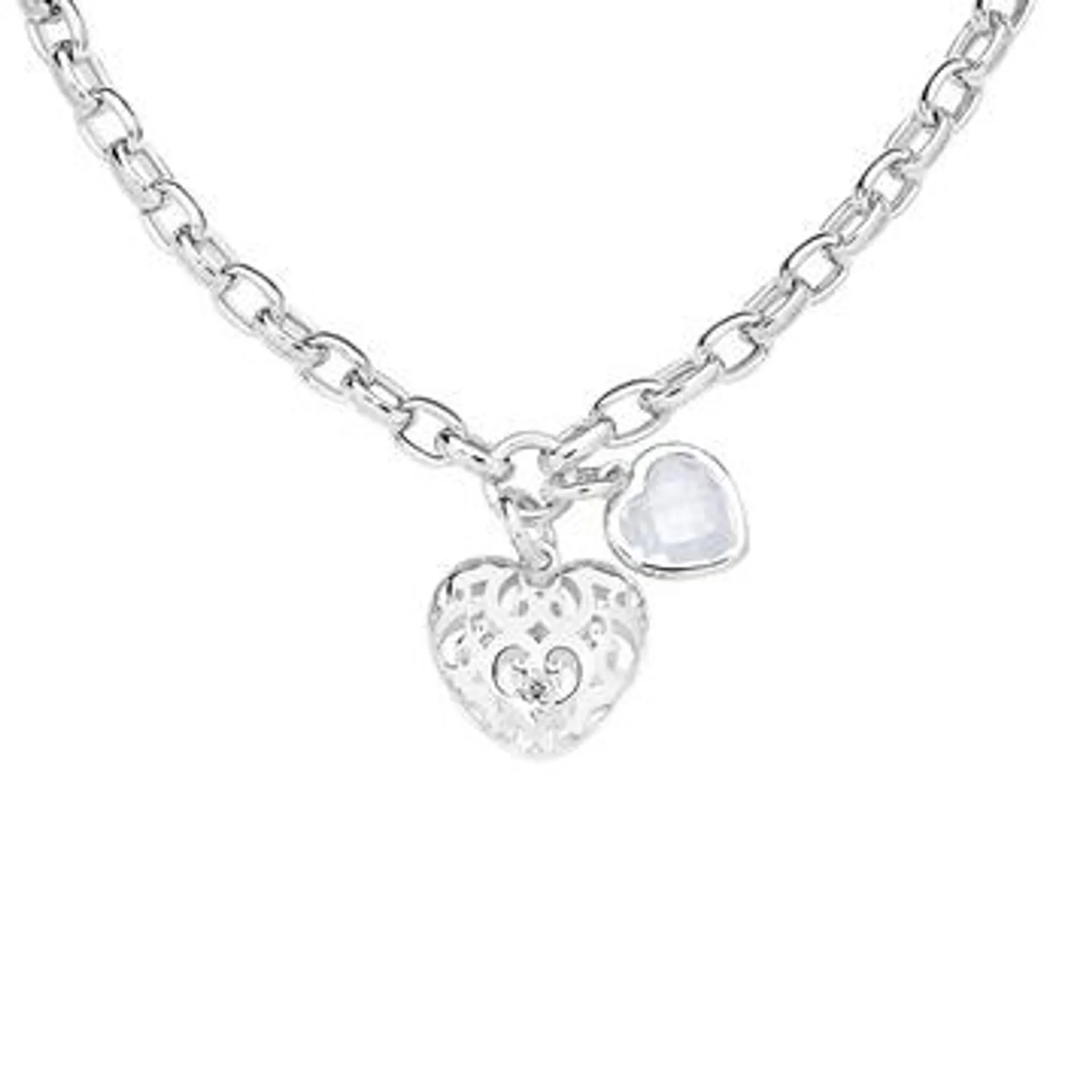 Silver Filigree Heart CZ Charm Fob Necklet