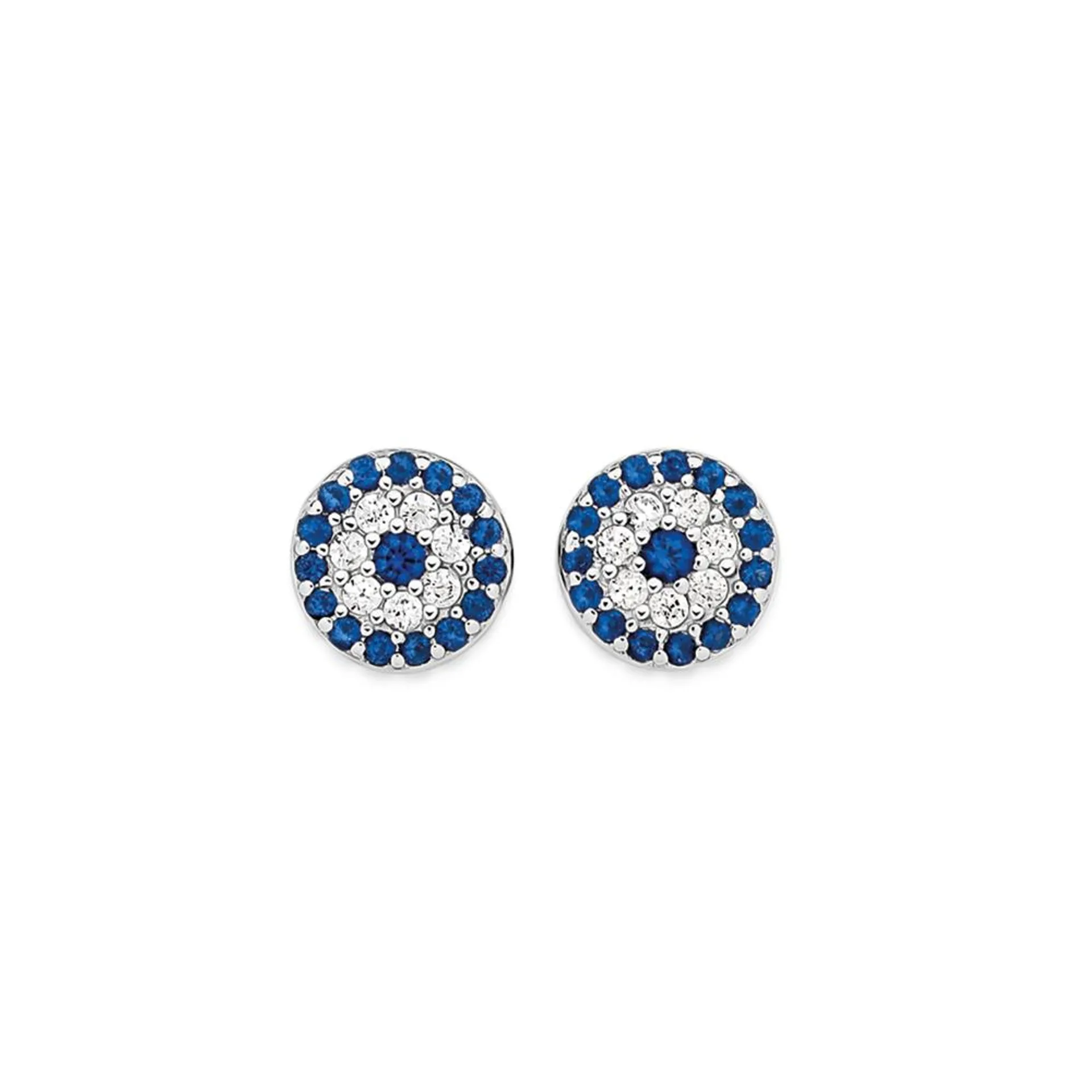 Silver Round Dark Blue CZ Evil Eye Stud Earrings