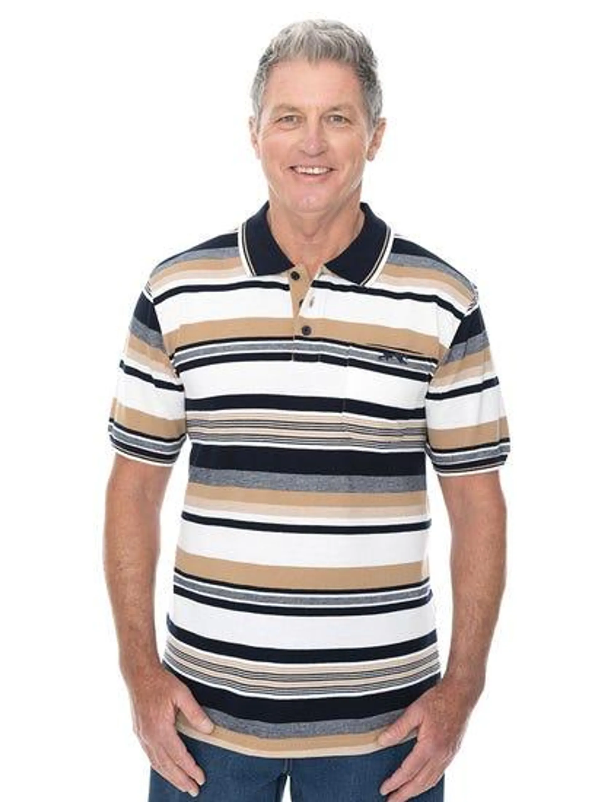 Mens Navy White & Caramel Stripe Polo