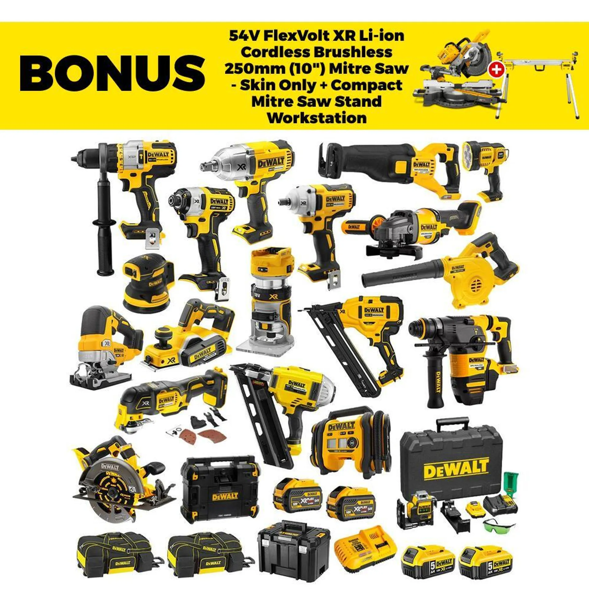 DeWalt DCZ2099P2X2-XE 18V/54V 9.0Ah/5.0Ah FlexVolt XR Li-Ion Cordless 20pce Combo Kit Including Brushless