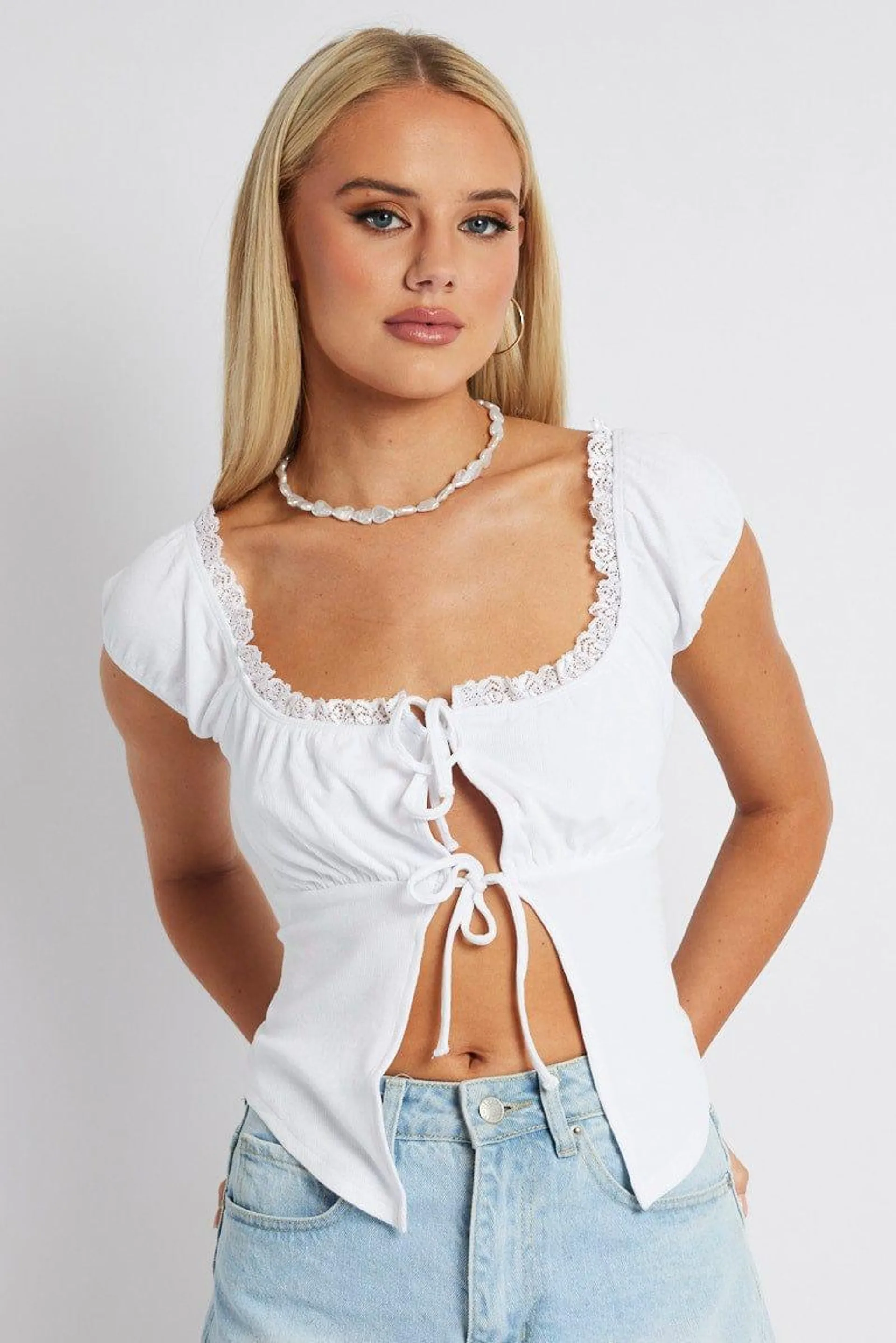 White Front Tie Top Short Sleeve Rib