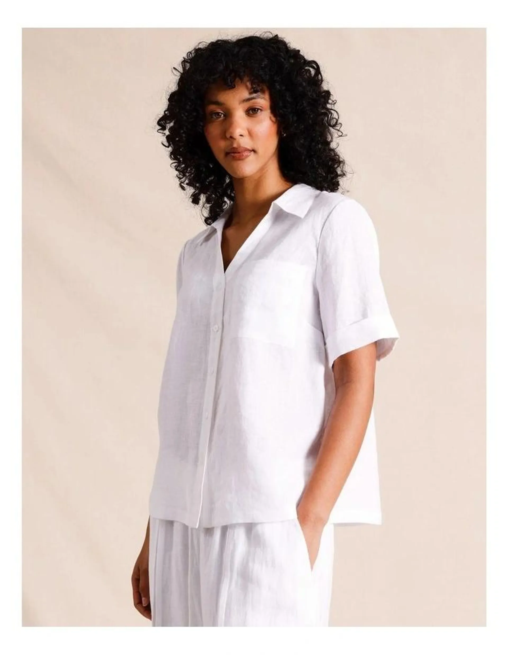 Linen Short Sleeve Shirt in White