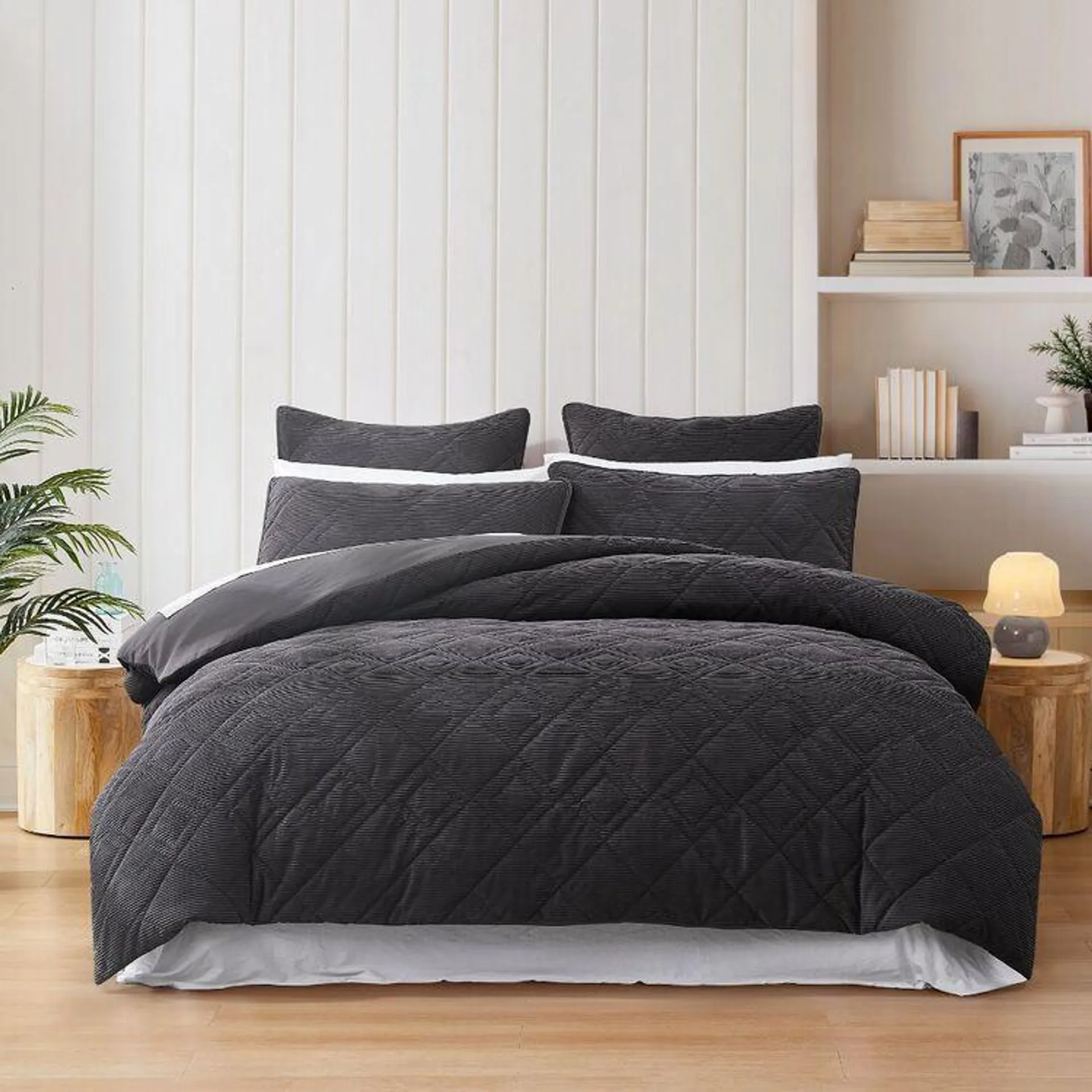 KOO Kasey Velvet Quilted Quilt Cover Set Charcoal