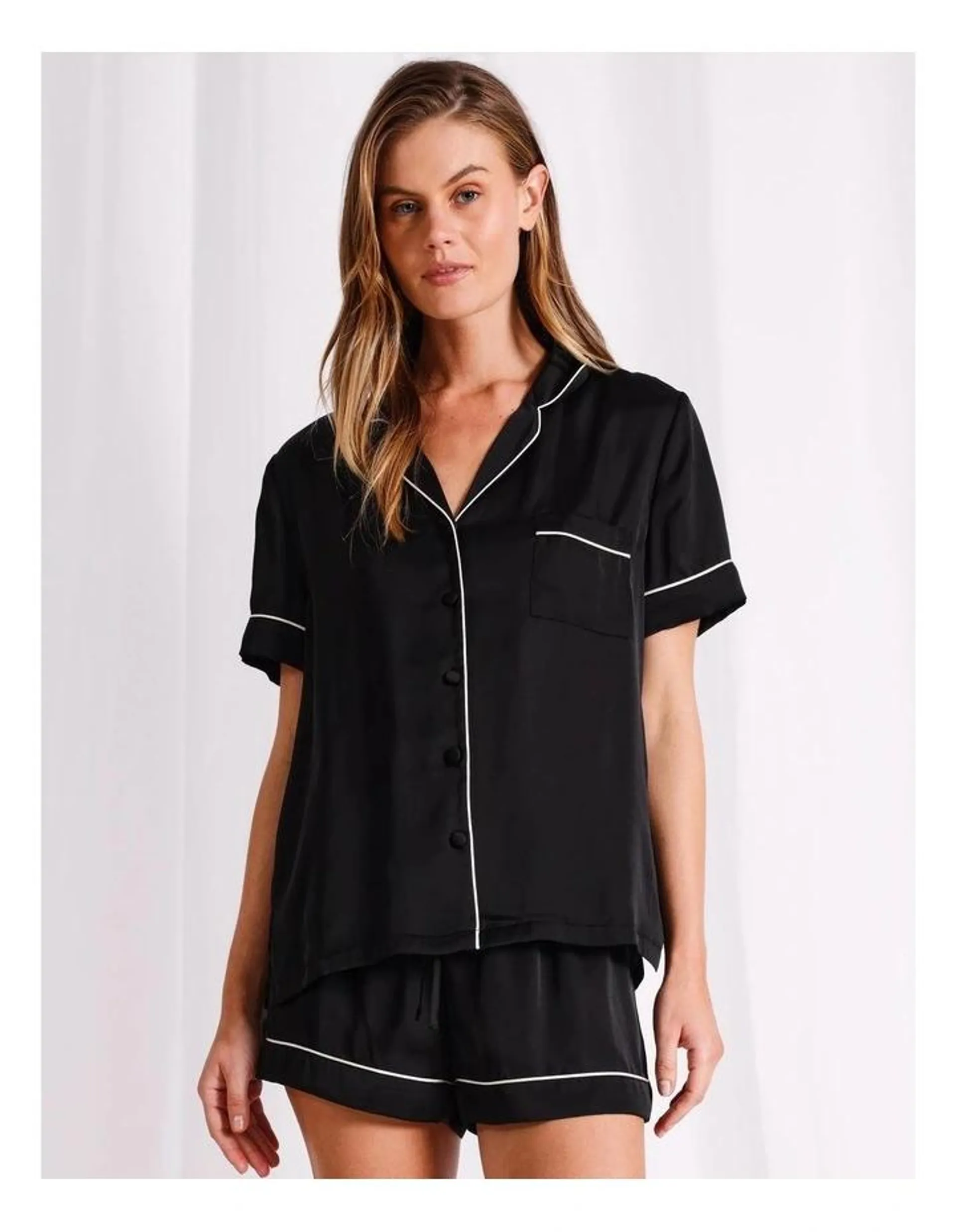 Chloe & Lola Signature Satin Short Sleeve Pyjama Set in Black