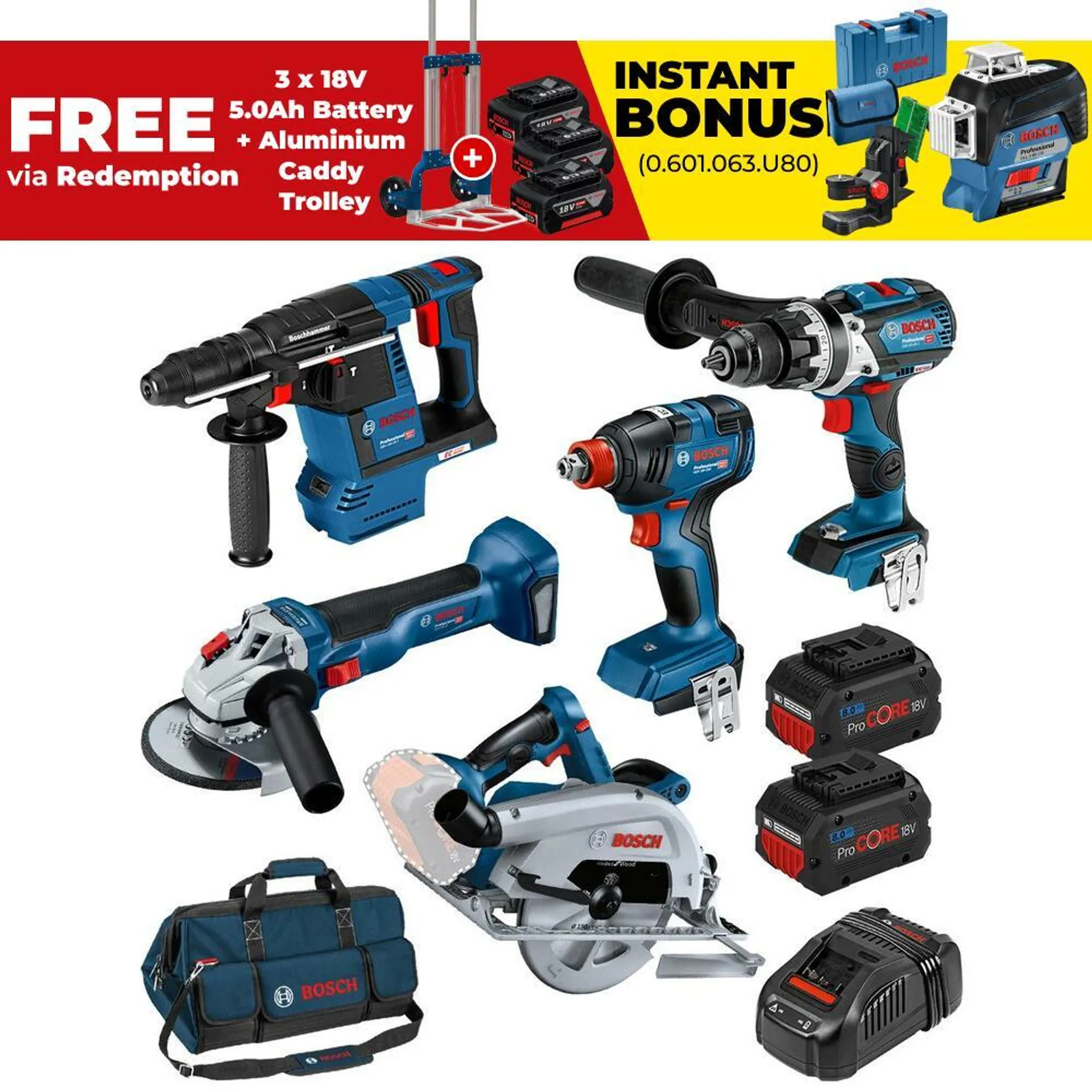 Bosch 18V DB 5-XWHS (0.615.990.M70) 18V 8.0Ah Li-ion Cordless Brushless 5pce Combo Kit