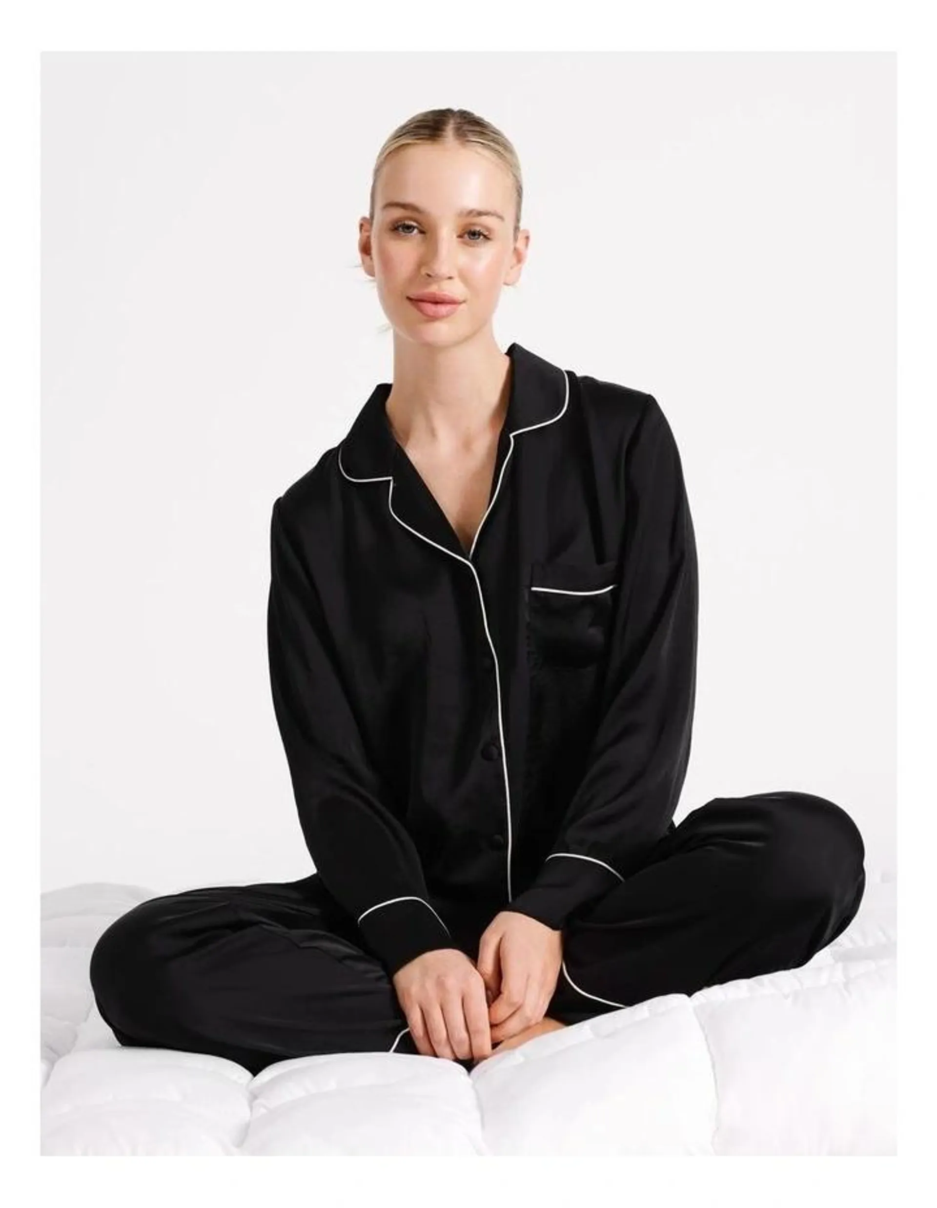 Chloe & Lola Signature Satin Long Sleeve Pyjama Set in Black