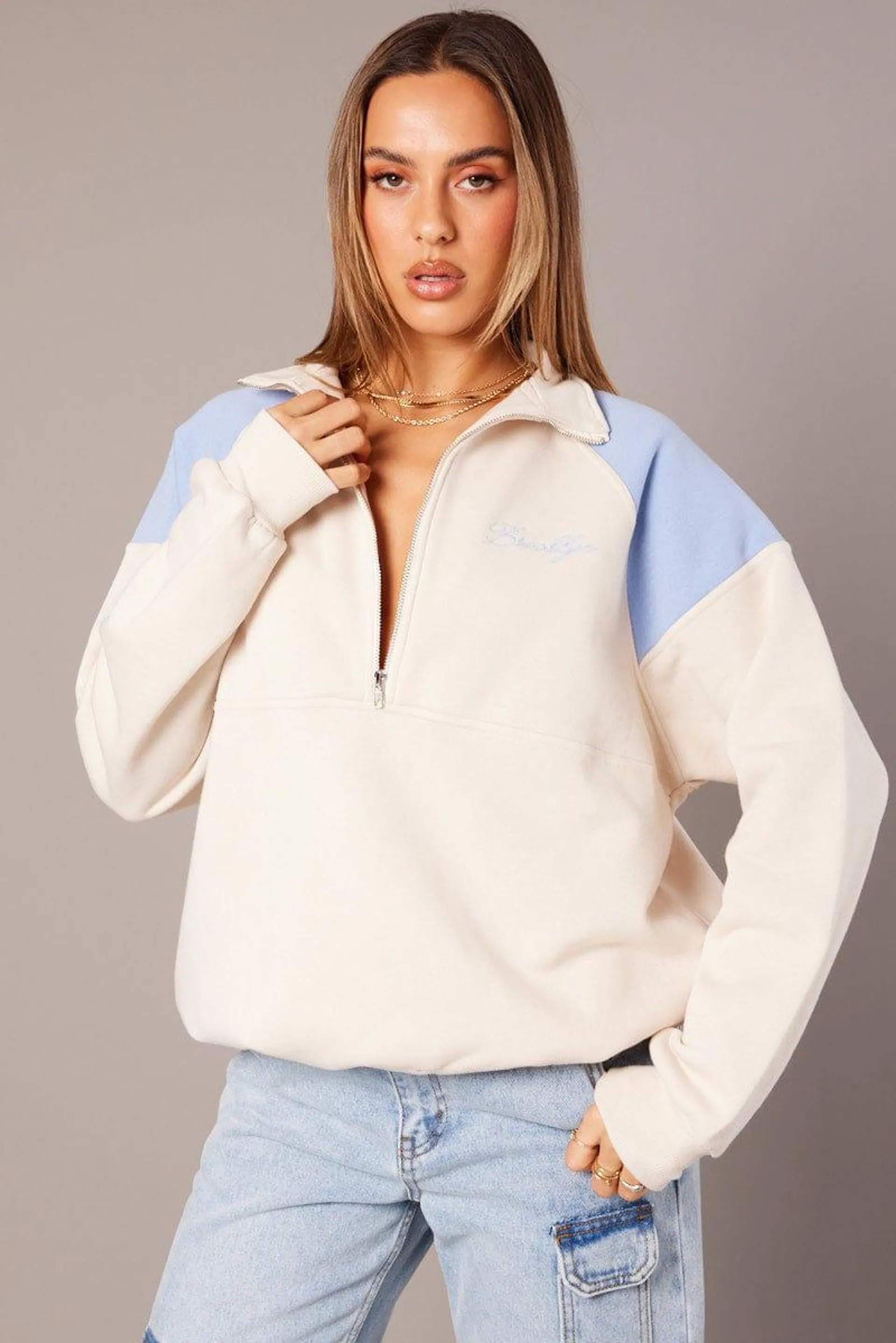 White Zip Sweater Funnel Neck Oversized