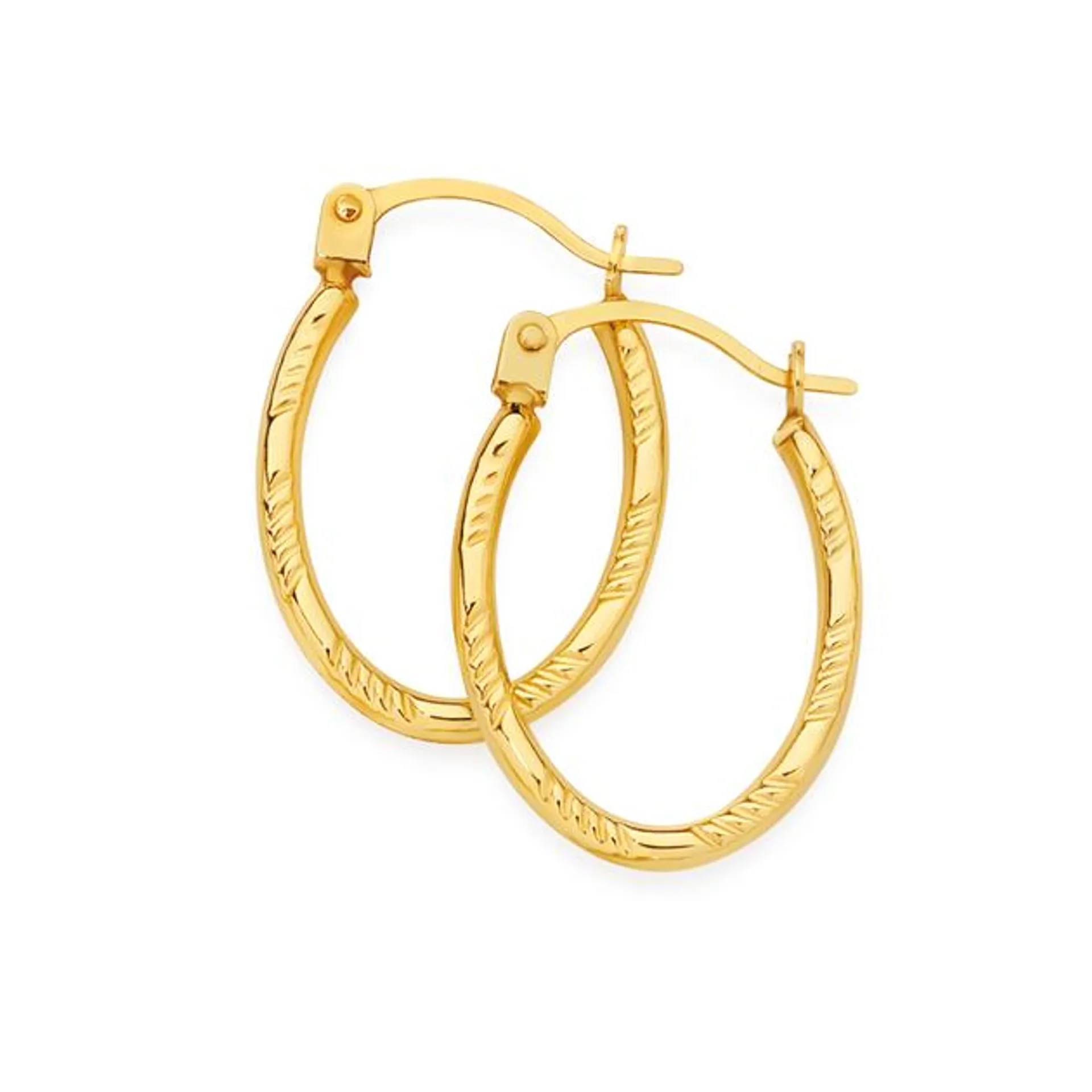 9ct Gold 10mm Diamond-Cut Striped Oval Hoop Earrings