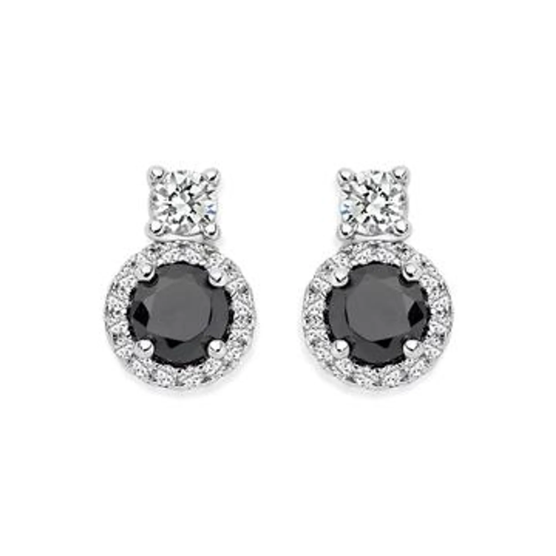 Silver Round Black CZ With CZ Cluster Small Stud Earrings