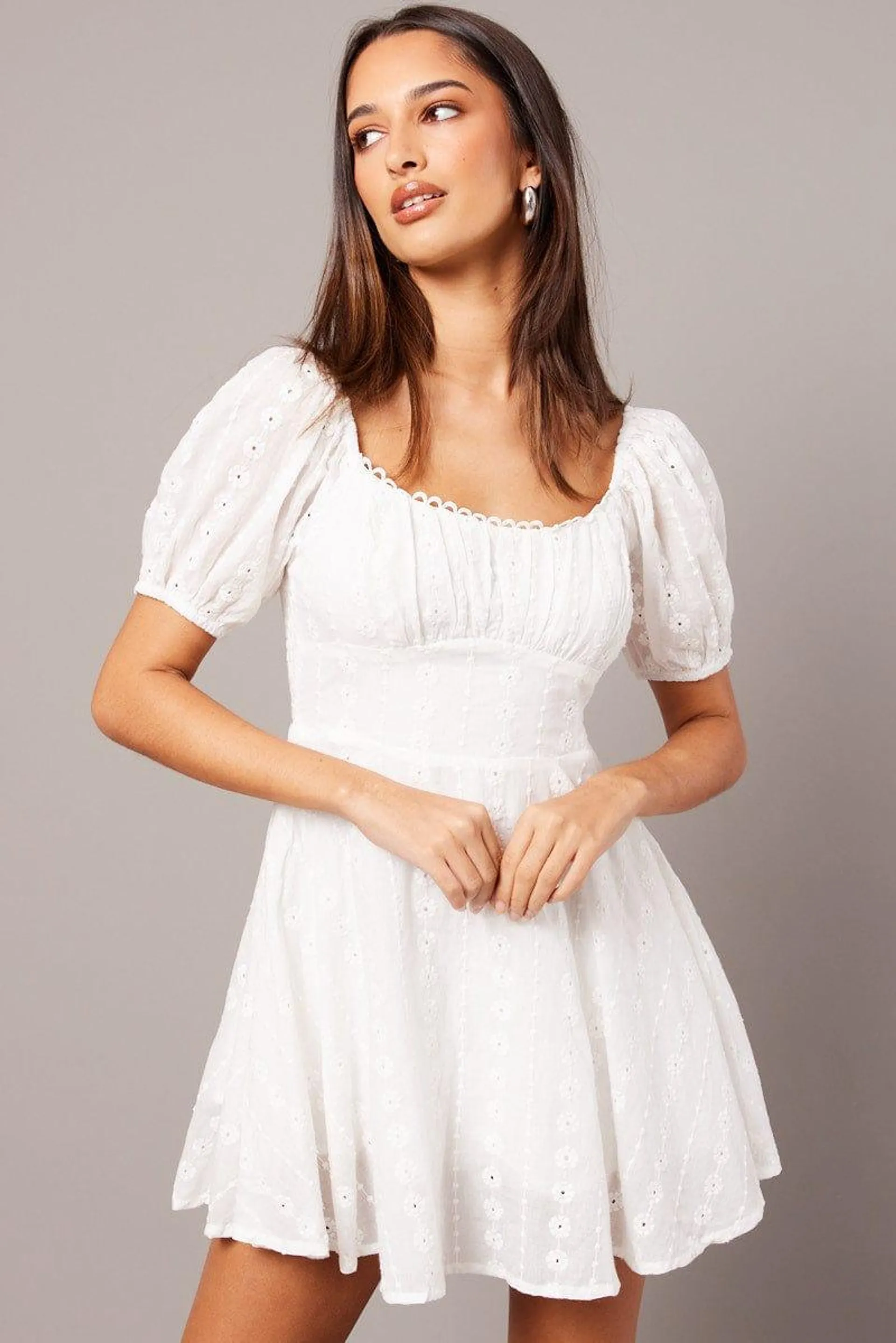 White Fit And Flare Dress Puff Sleeve Eyelet