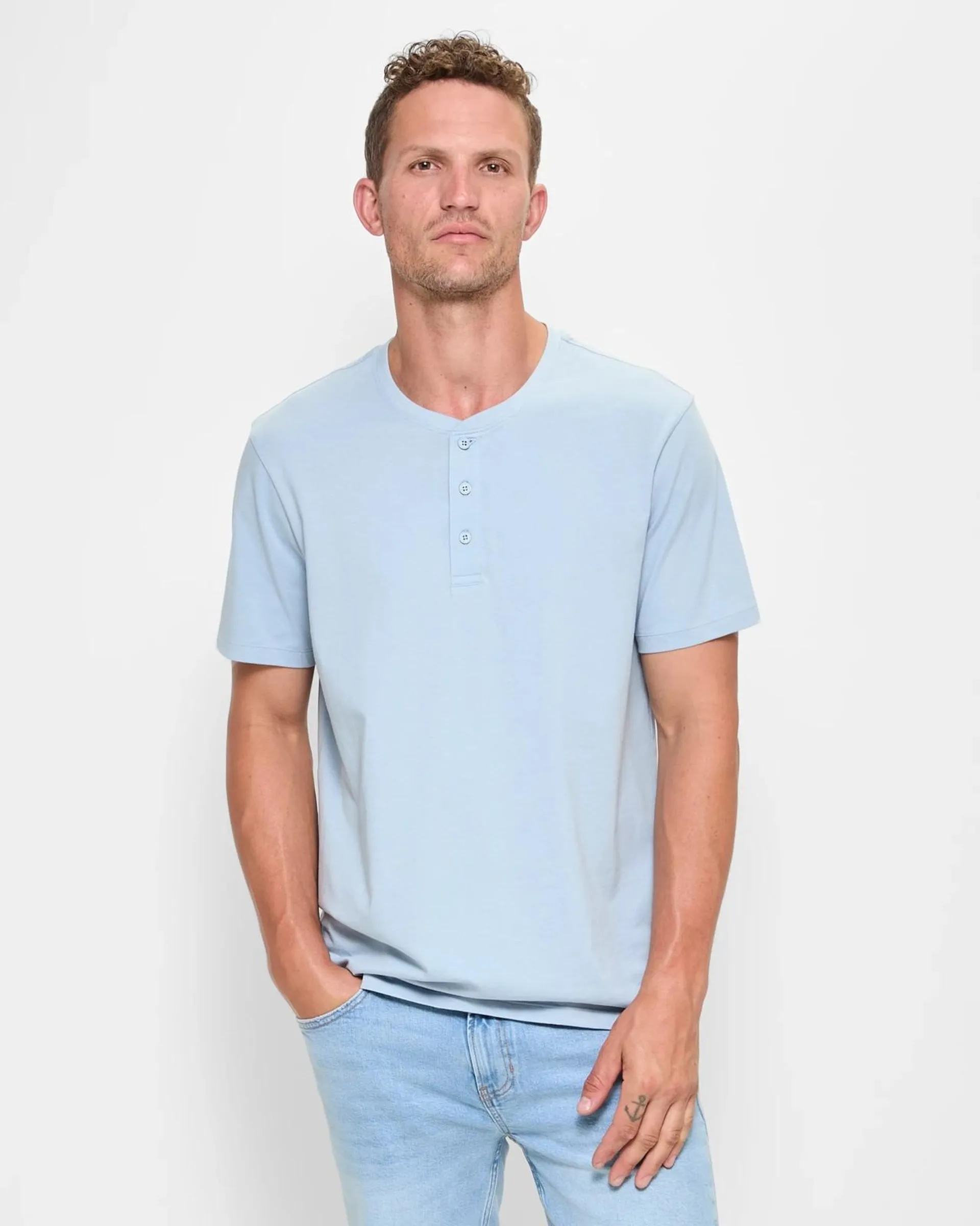 Australian Cotton Henley T-Shirt - Light Blue