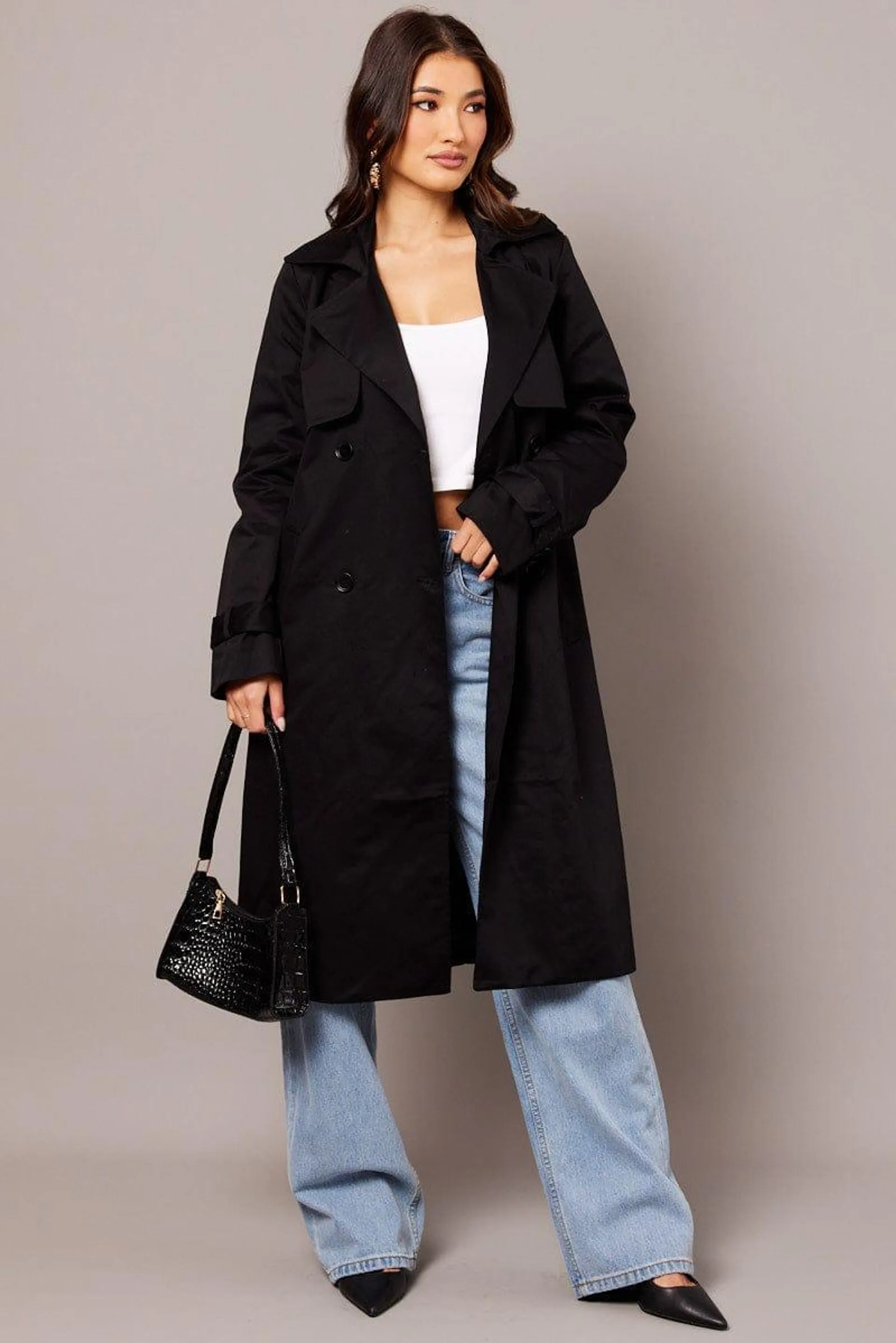 Black Trench Coat Long Sleeves Cotton