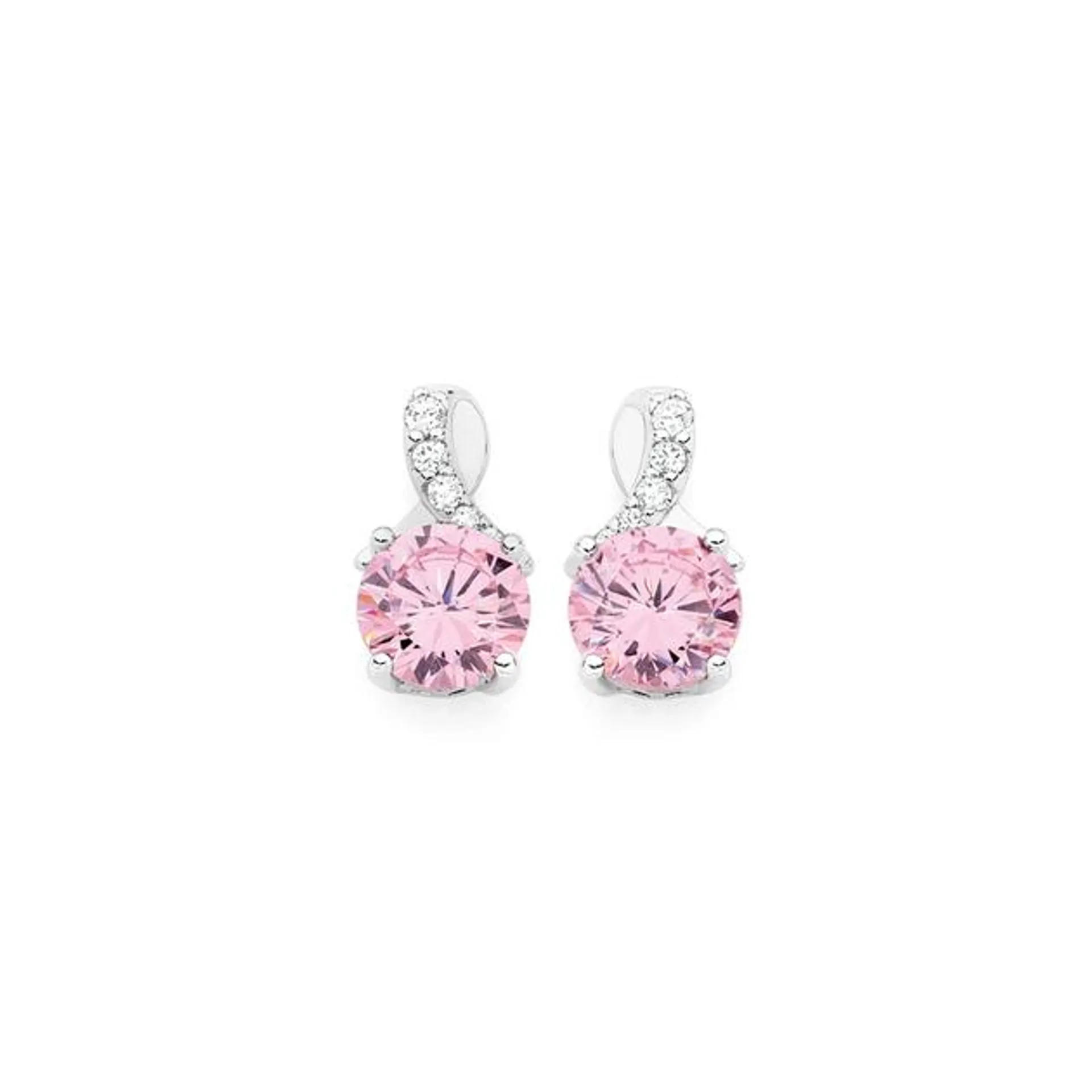 Silver Pink CZ On CZ Wishbone Stud Earrings