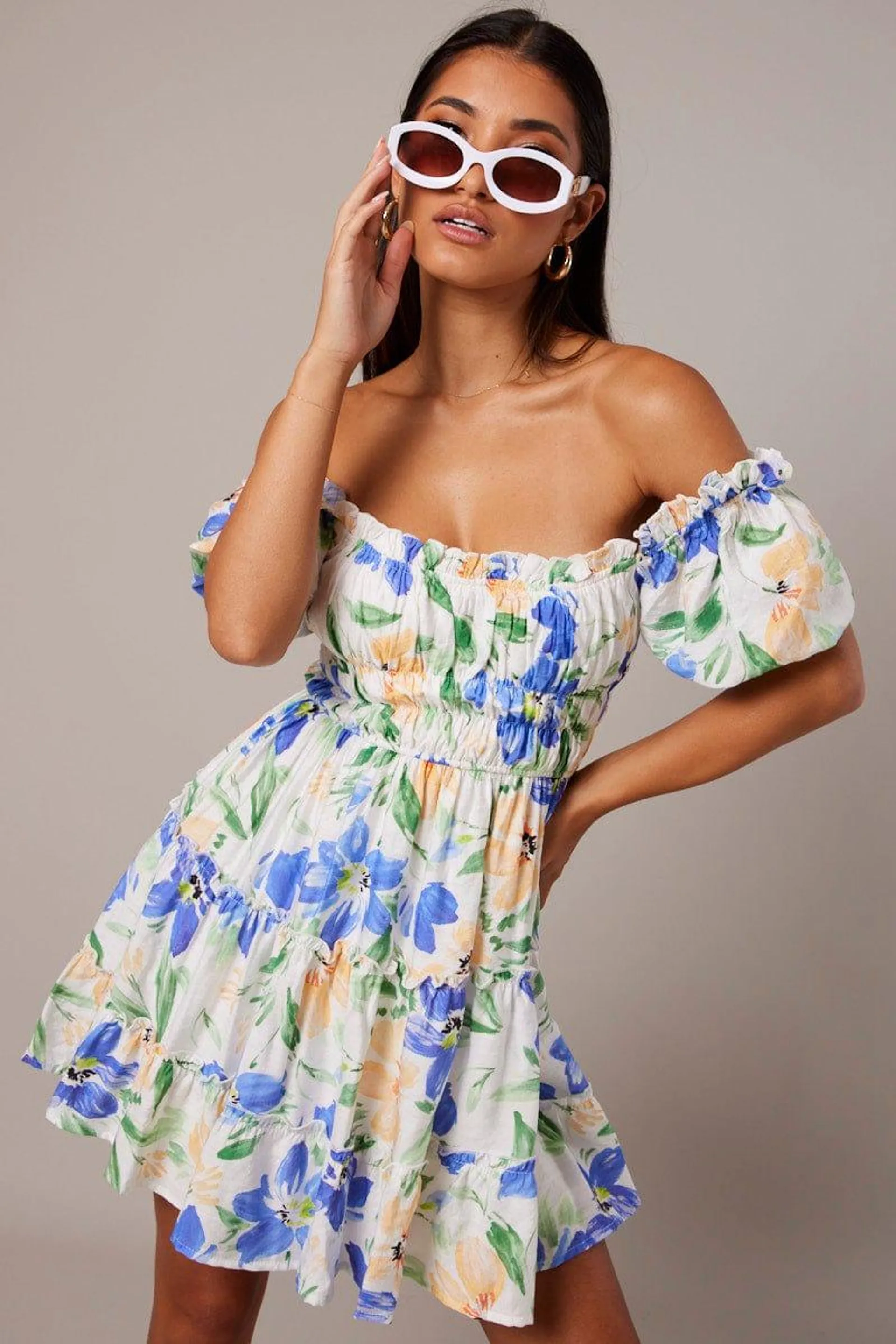 White Floral Fit And Flare Dress Puff Sleeve