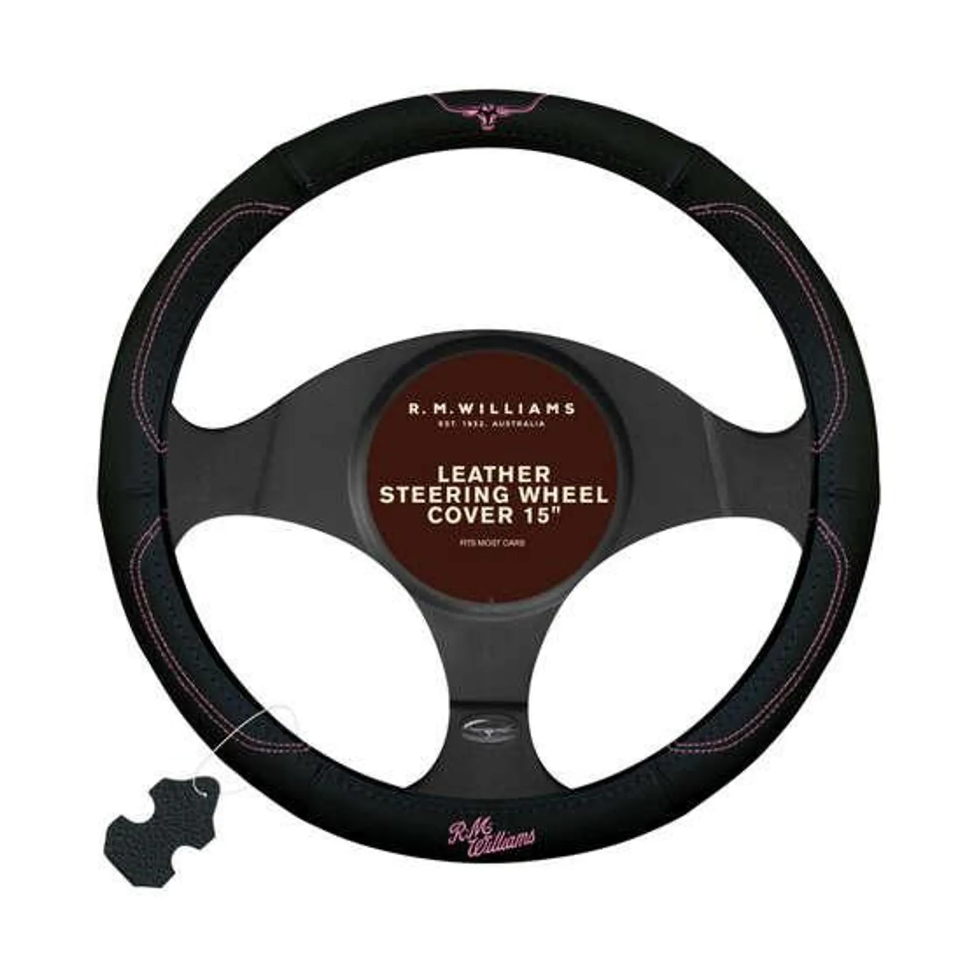 R.M.Williams Jillaroo Steering Wheel Cover - Leather, Black and Pink, 380mm diameter