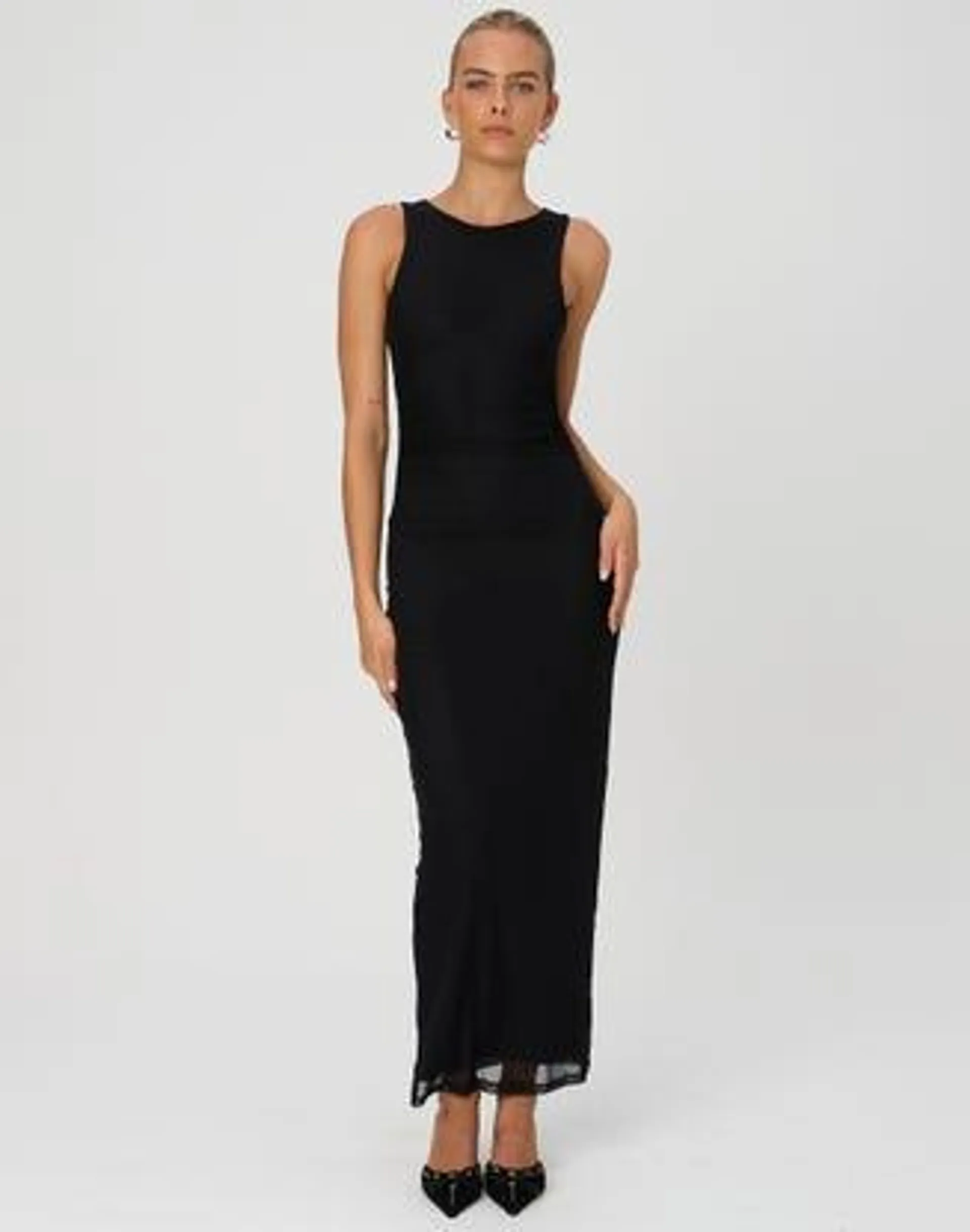 Mesh High Neck Midi Dress