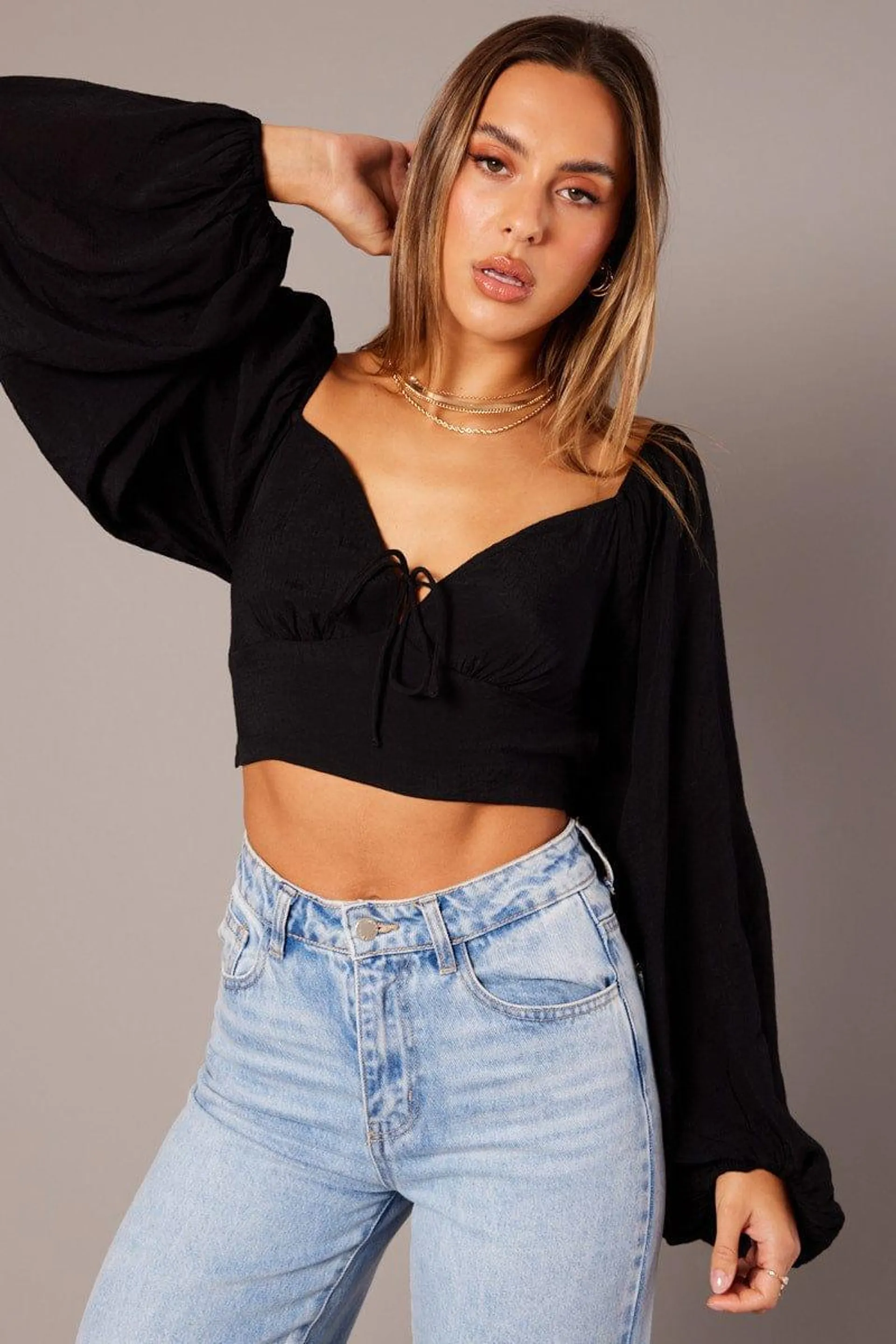 Black Gathered Bust Top Balloon Sleeve Backless Blouse