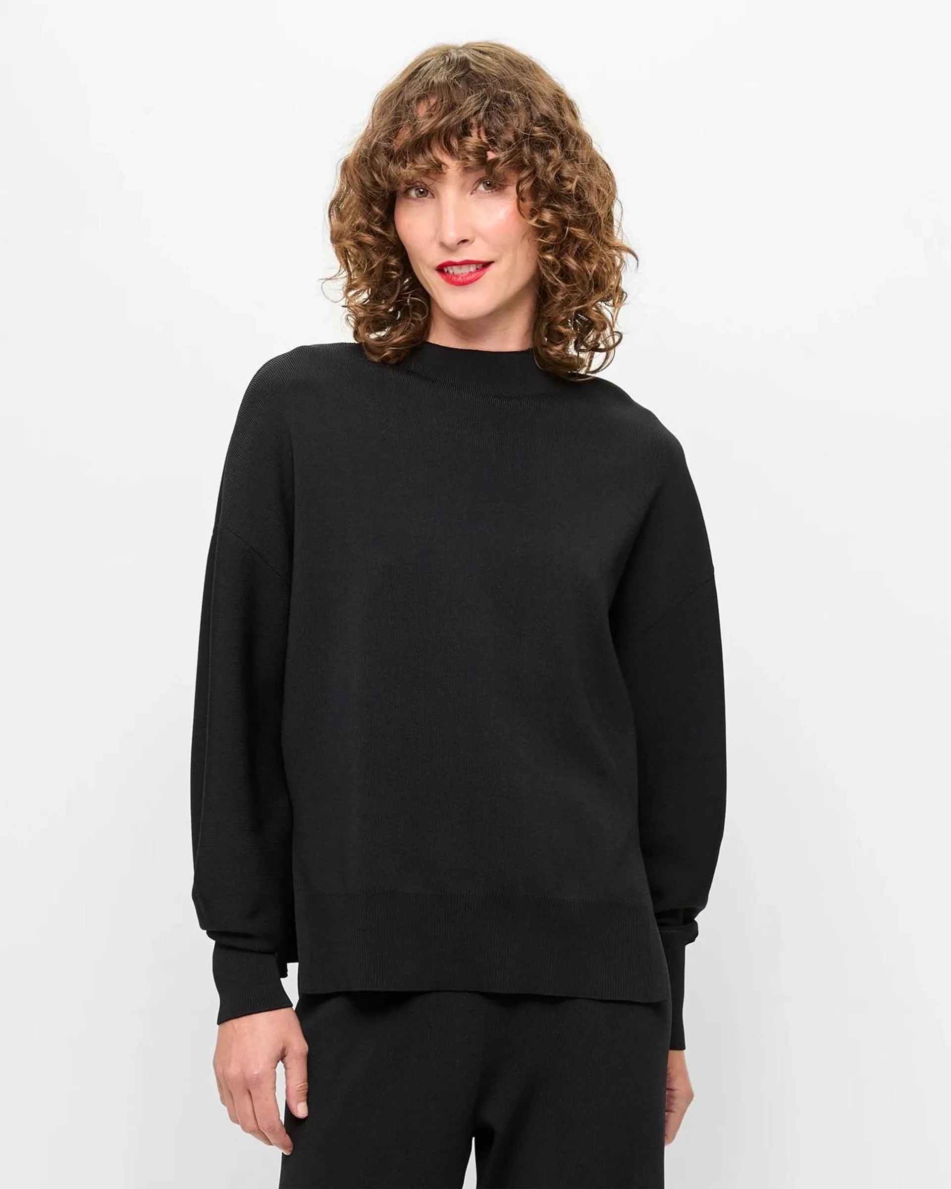 Long Sleeve Mock Neck Crepe Knit Jumper - Preview - Black