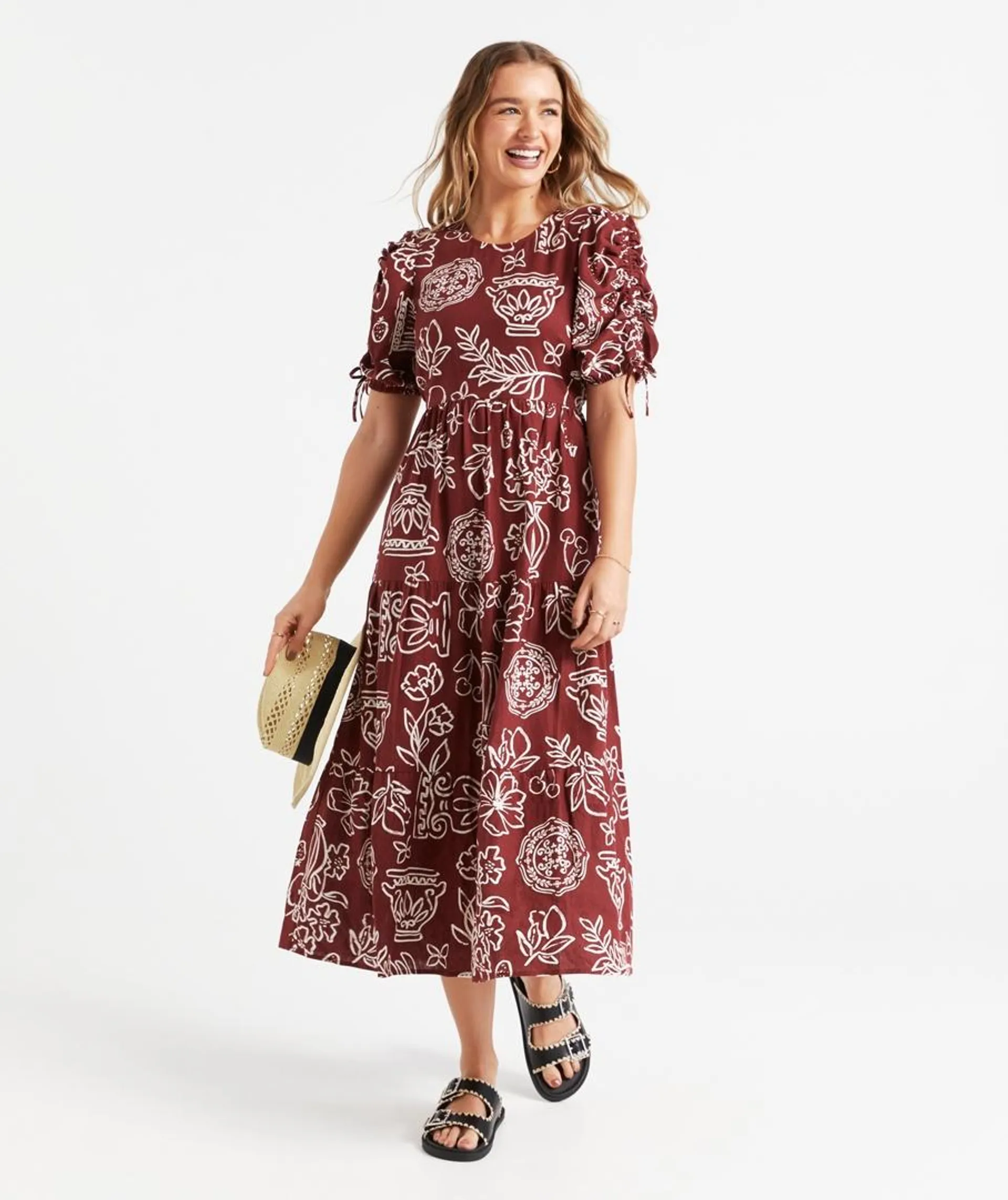 SHILOH LINEN BLEND TIERED MIDI DRESS