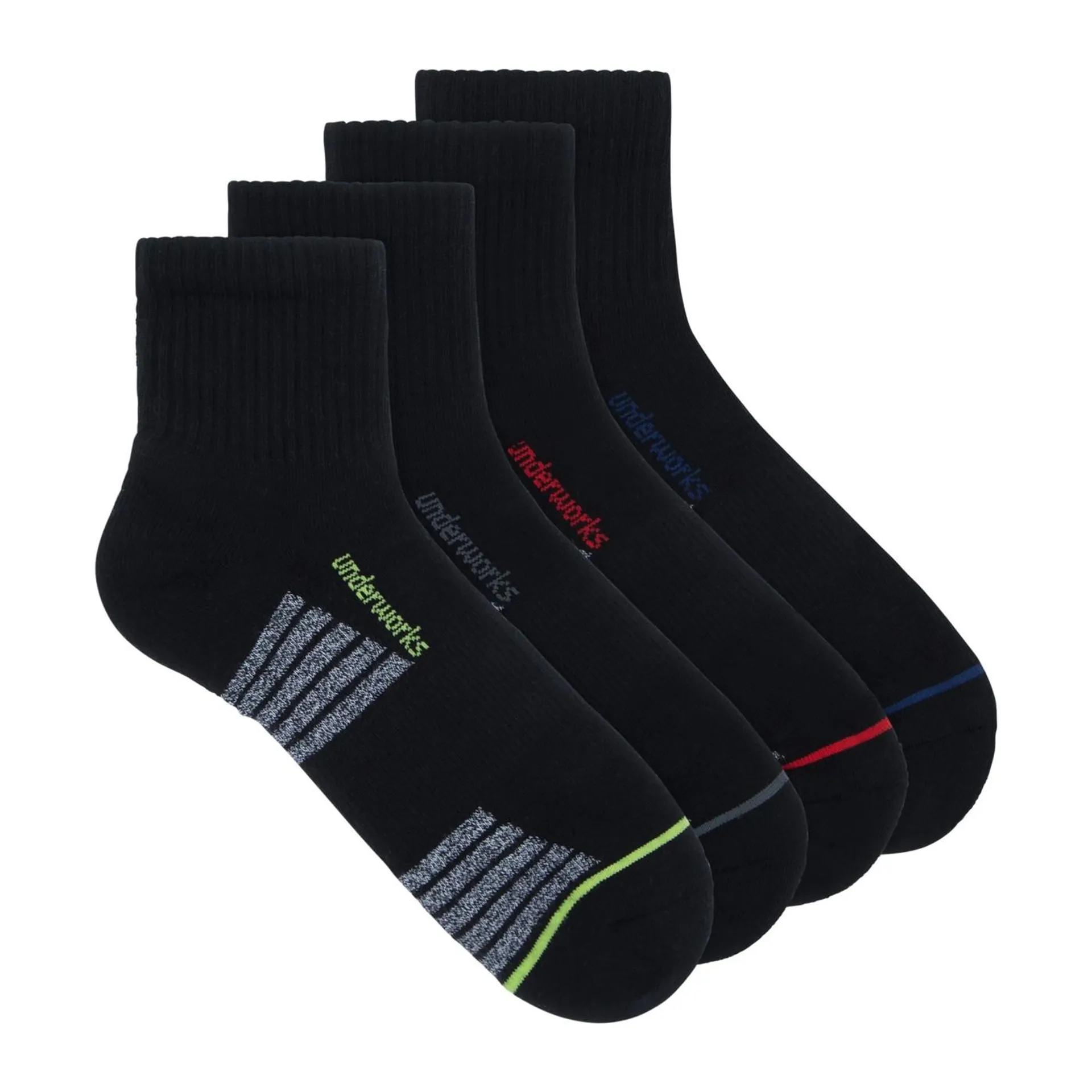 Underworks Mens 4 Pack Sport Quarter Crew Sock - Black