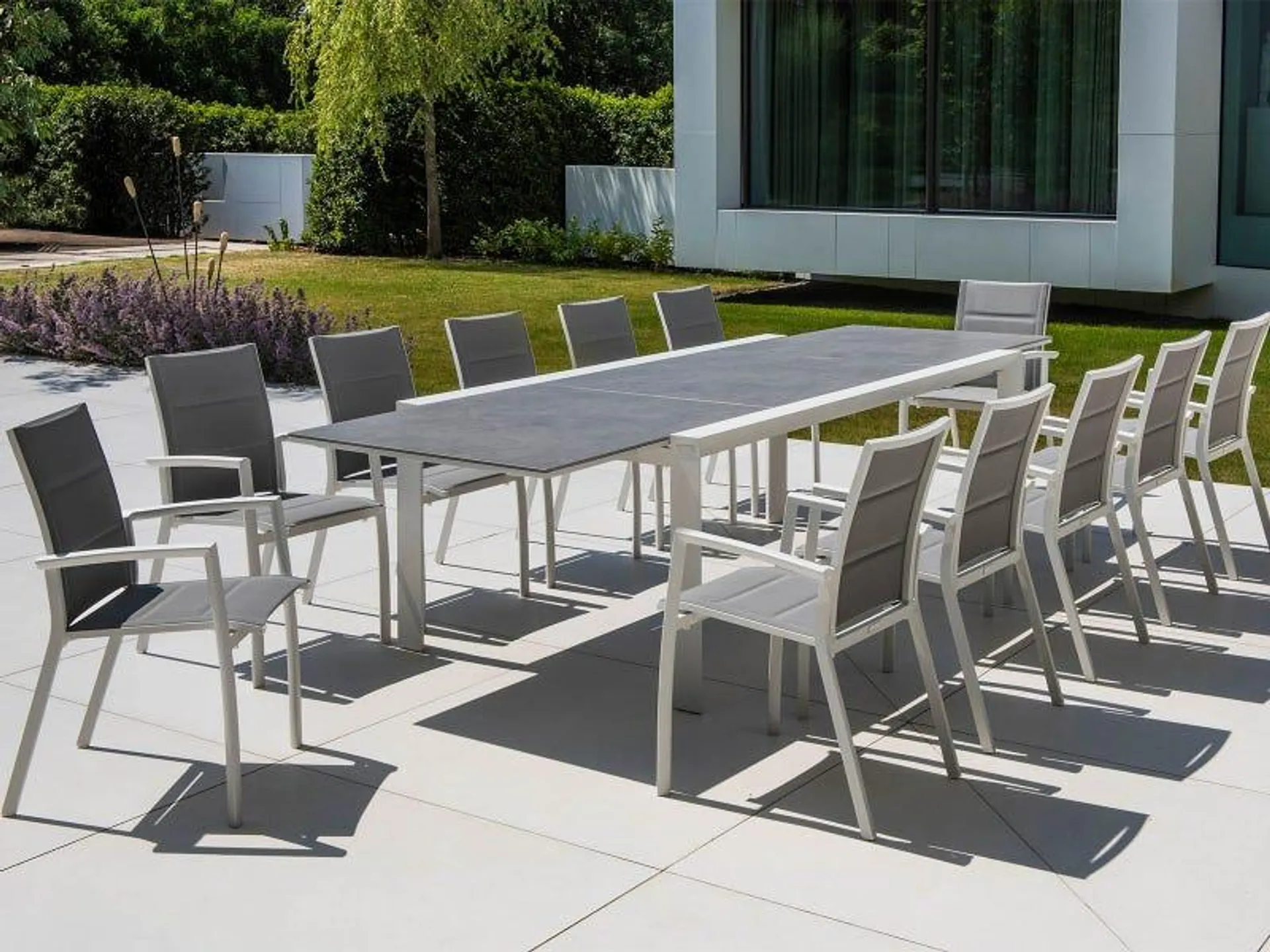 Mona Ceramic Extension Table with Sevilla Padded Chairs -13pc Outdoor Dining Setting