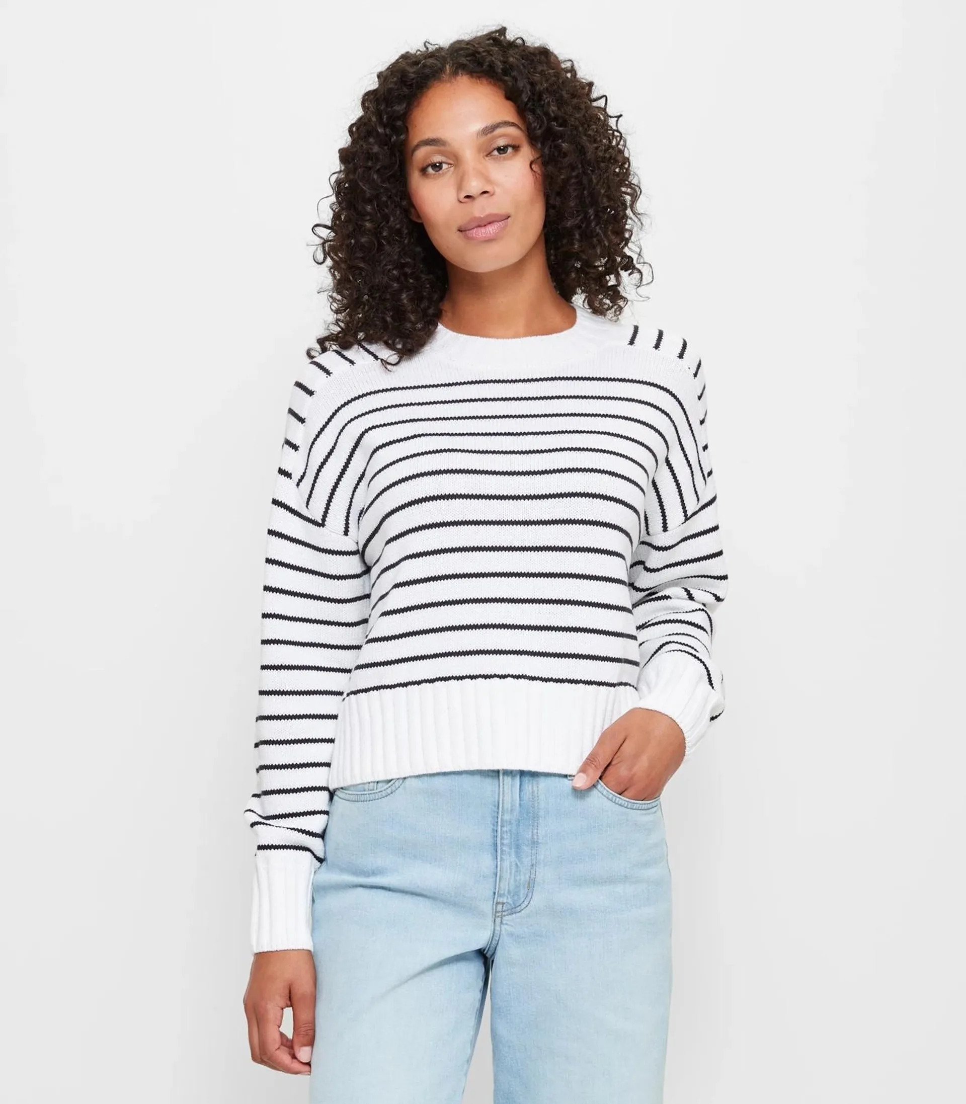 Australian Cotton Crop Raglan Knit Jumper - White/Navy Stripe