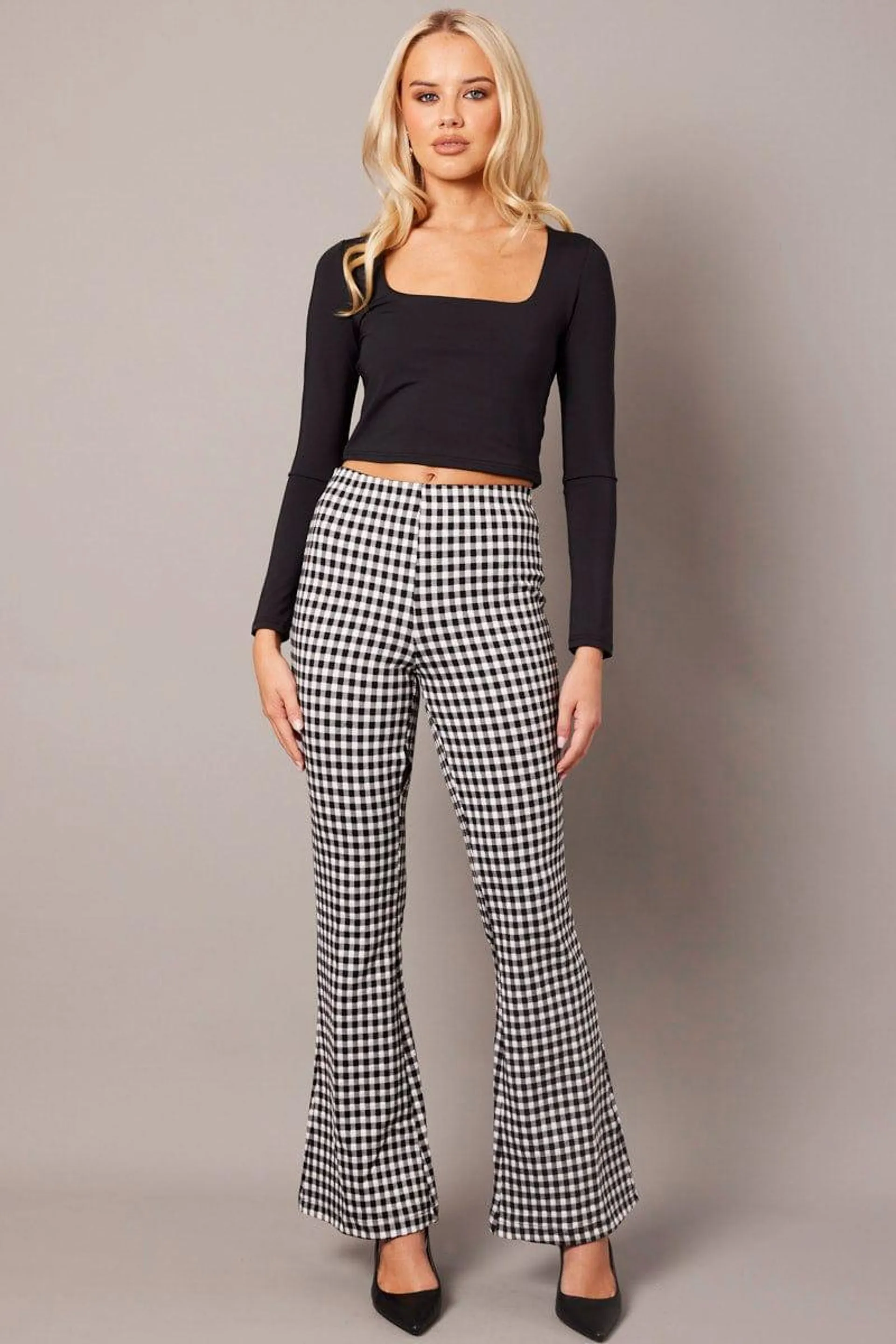 Black Check Flare Leg Pants High Rise