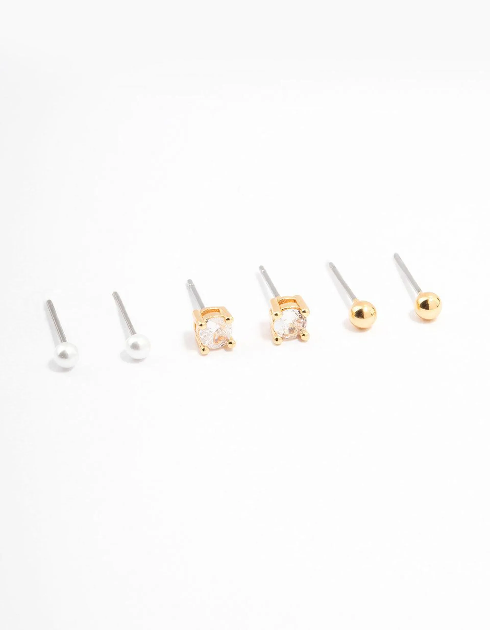 Gold Plated Cubic Zirconia Pearl Ball Stud Earrings 3-Pack