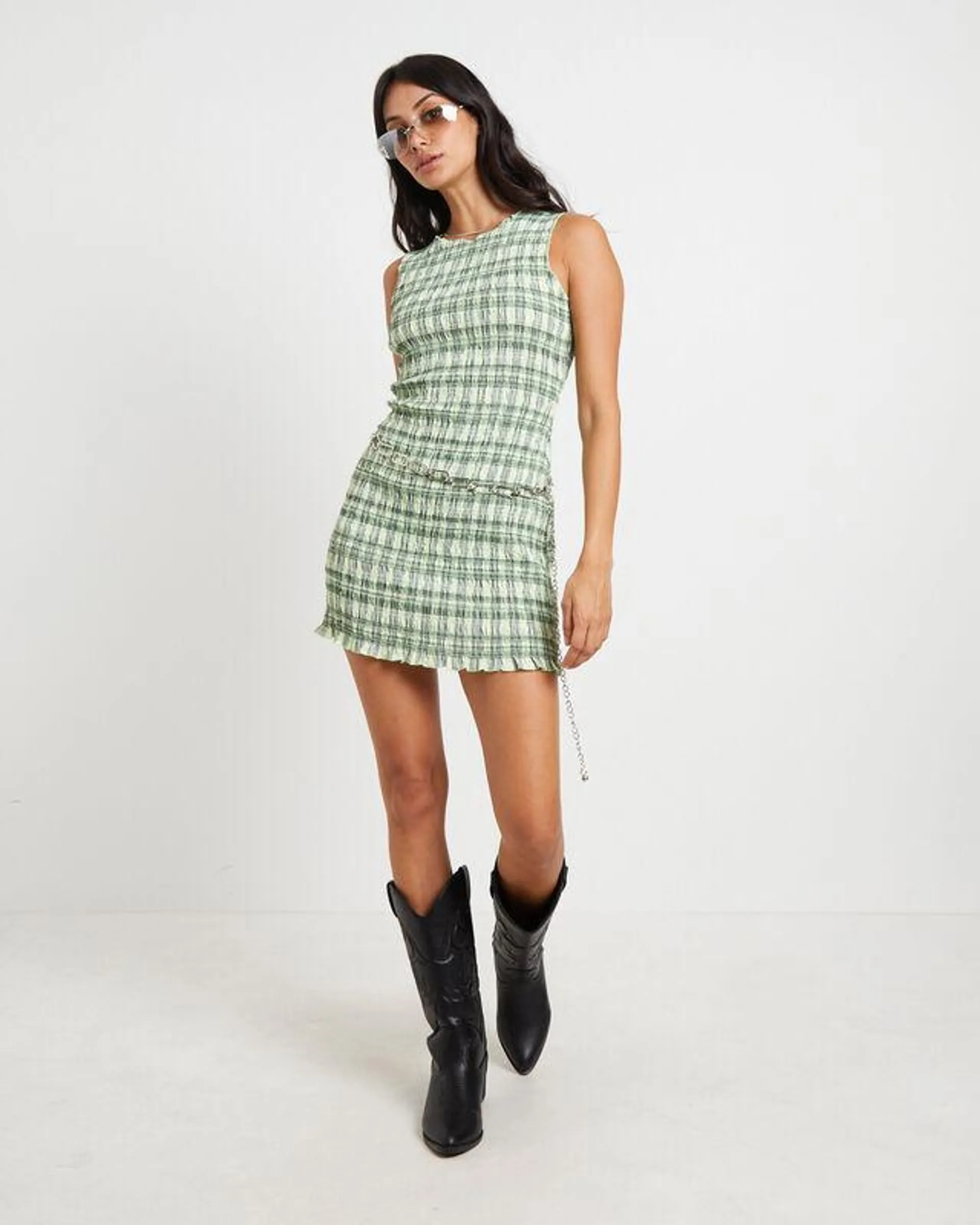 Drew Check Shirred Mini Dress