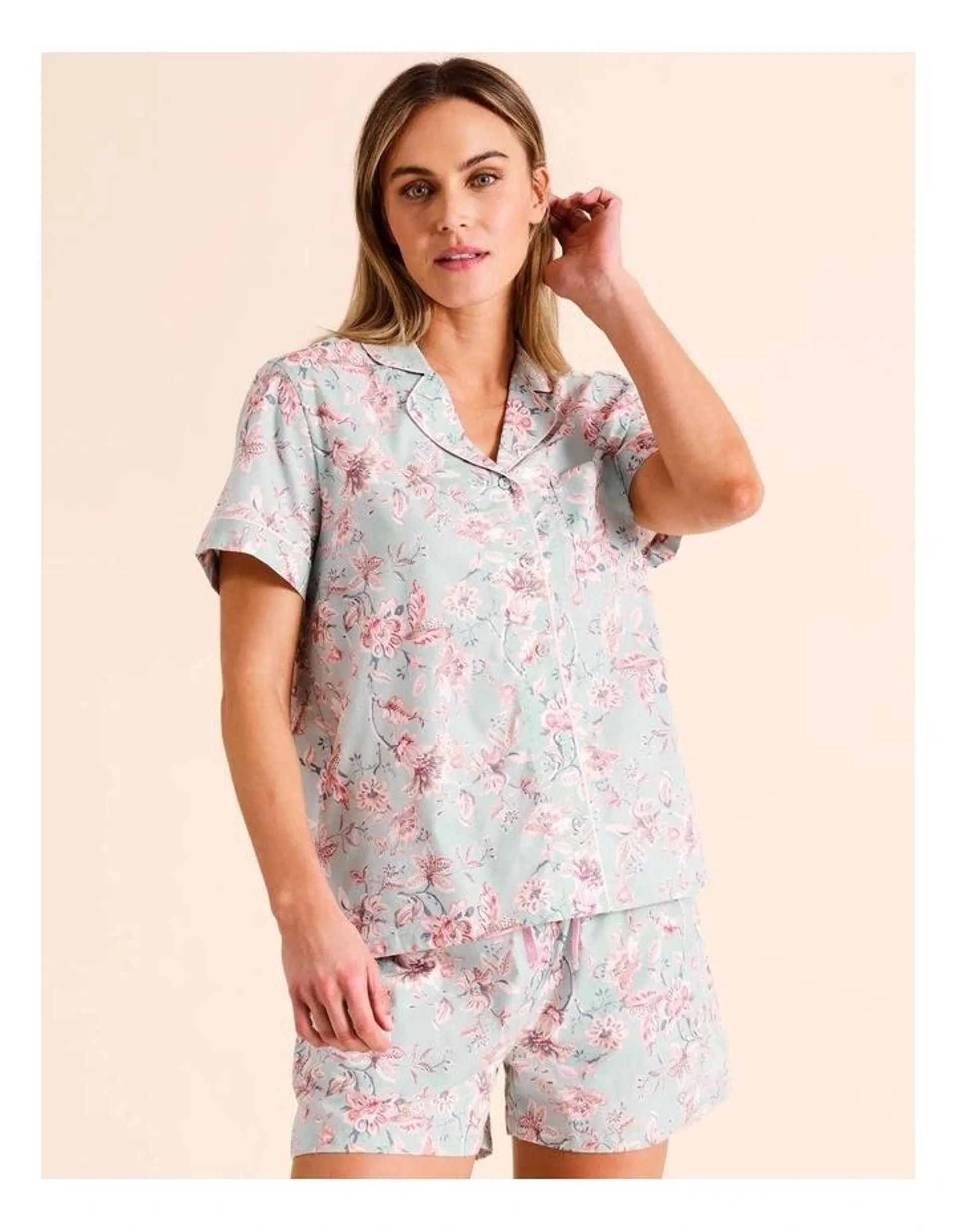 Core Cotton Short Sleeve Short PJ Set in Mint Paisley Floral Print