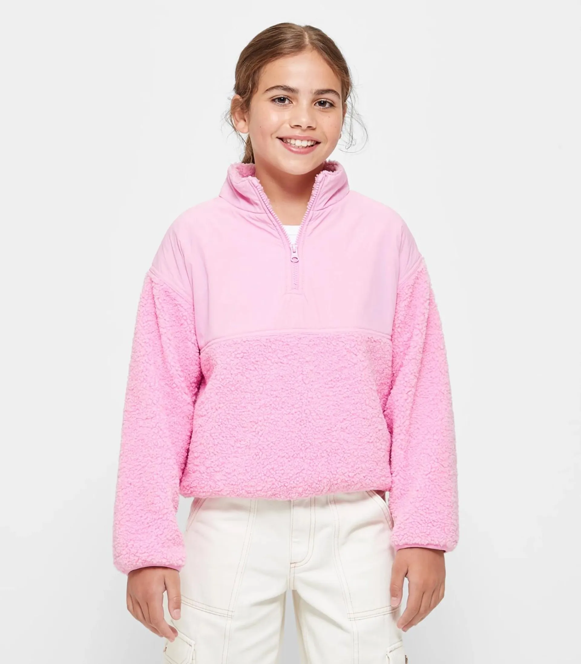 Qtr Zip Spliced Teddy Fleece Jumper - Pink