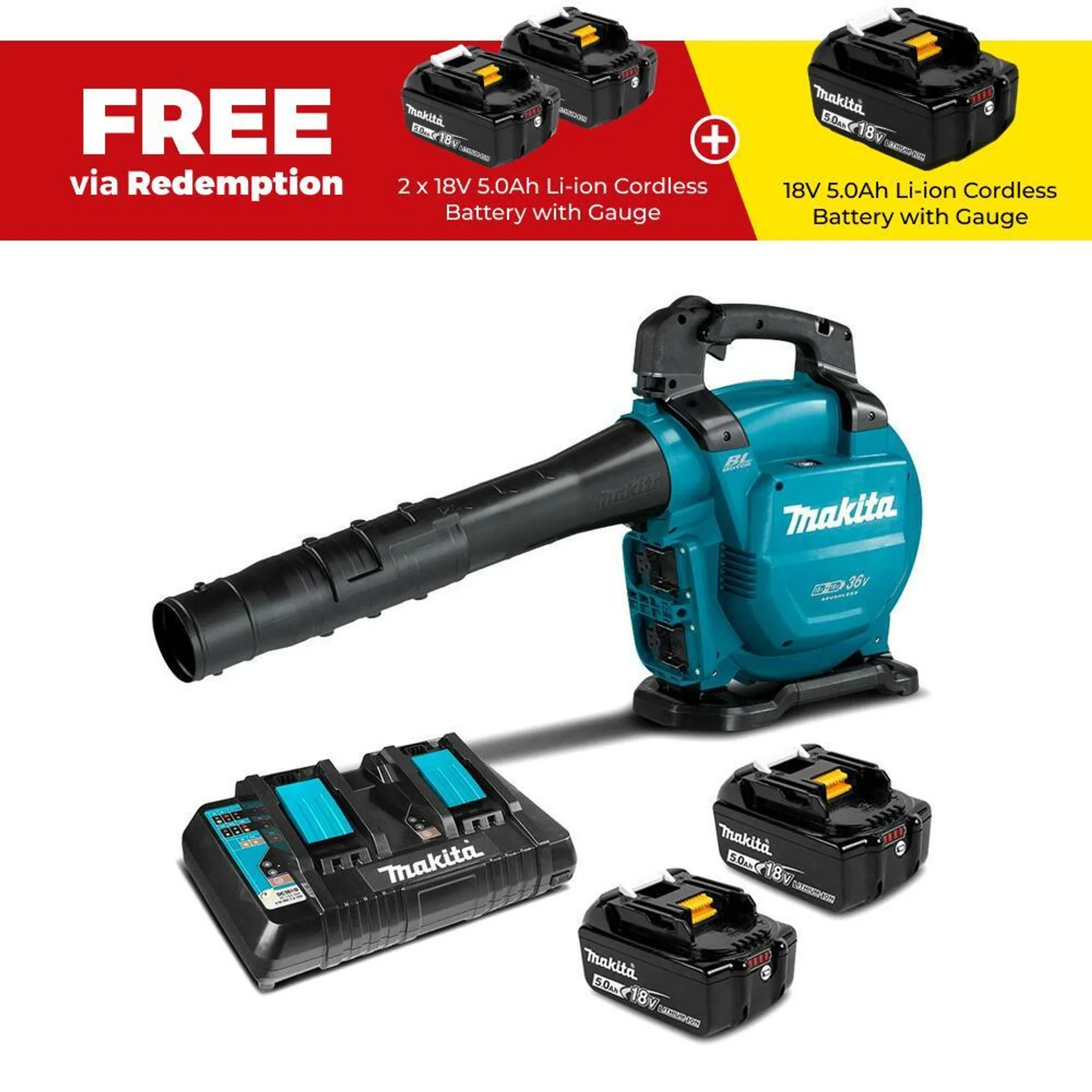 Makita DUB363PT2V 36V (18V x 2) 5.0Ah Li-ion Cordless Brushless Blower / Vacuum Combo Kit