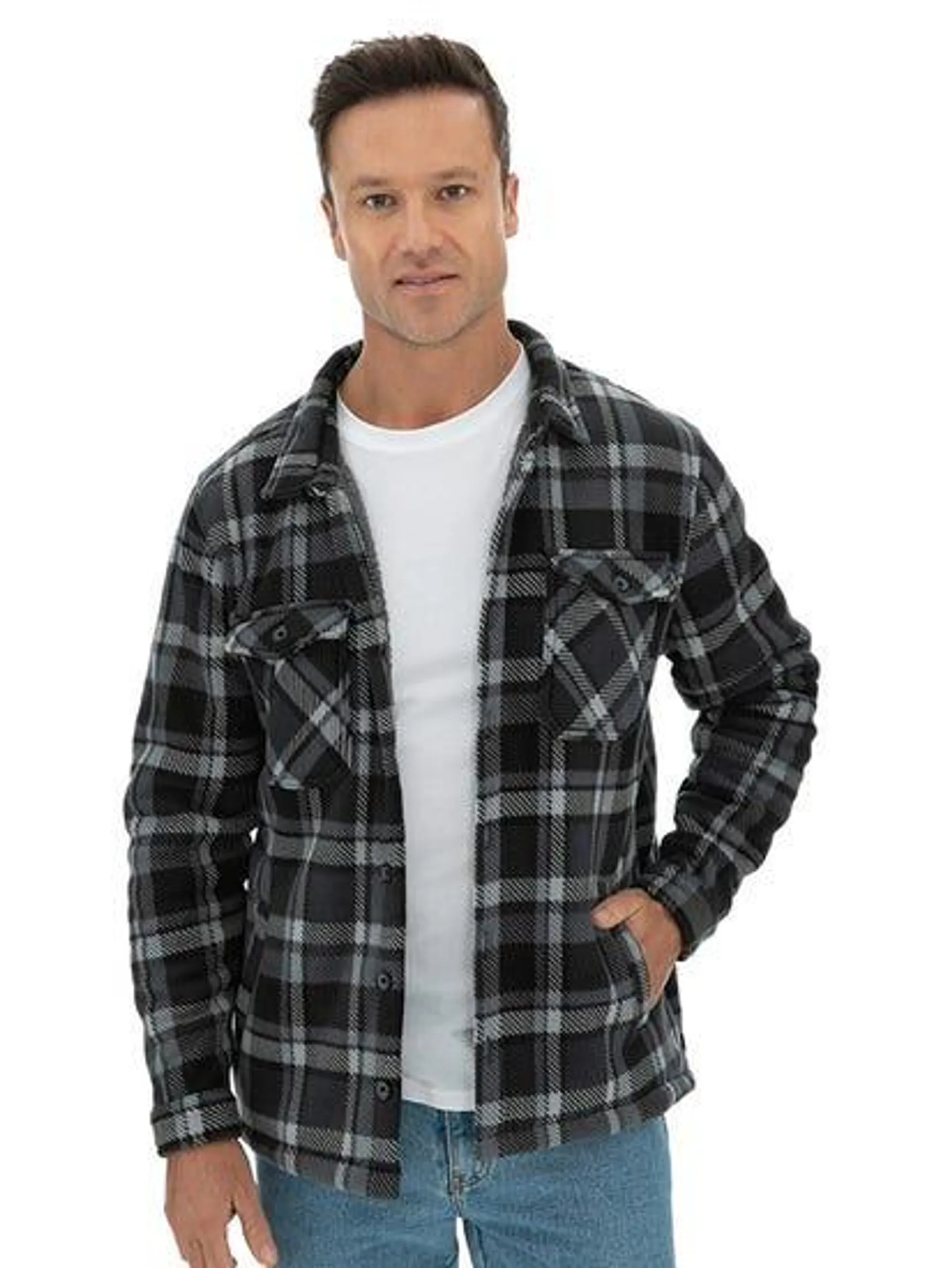 Mens Polar Fleece Shacket Black/Grey Check