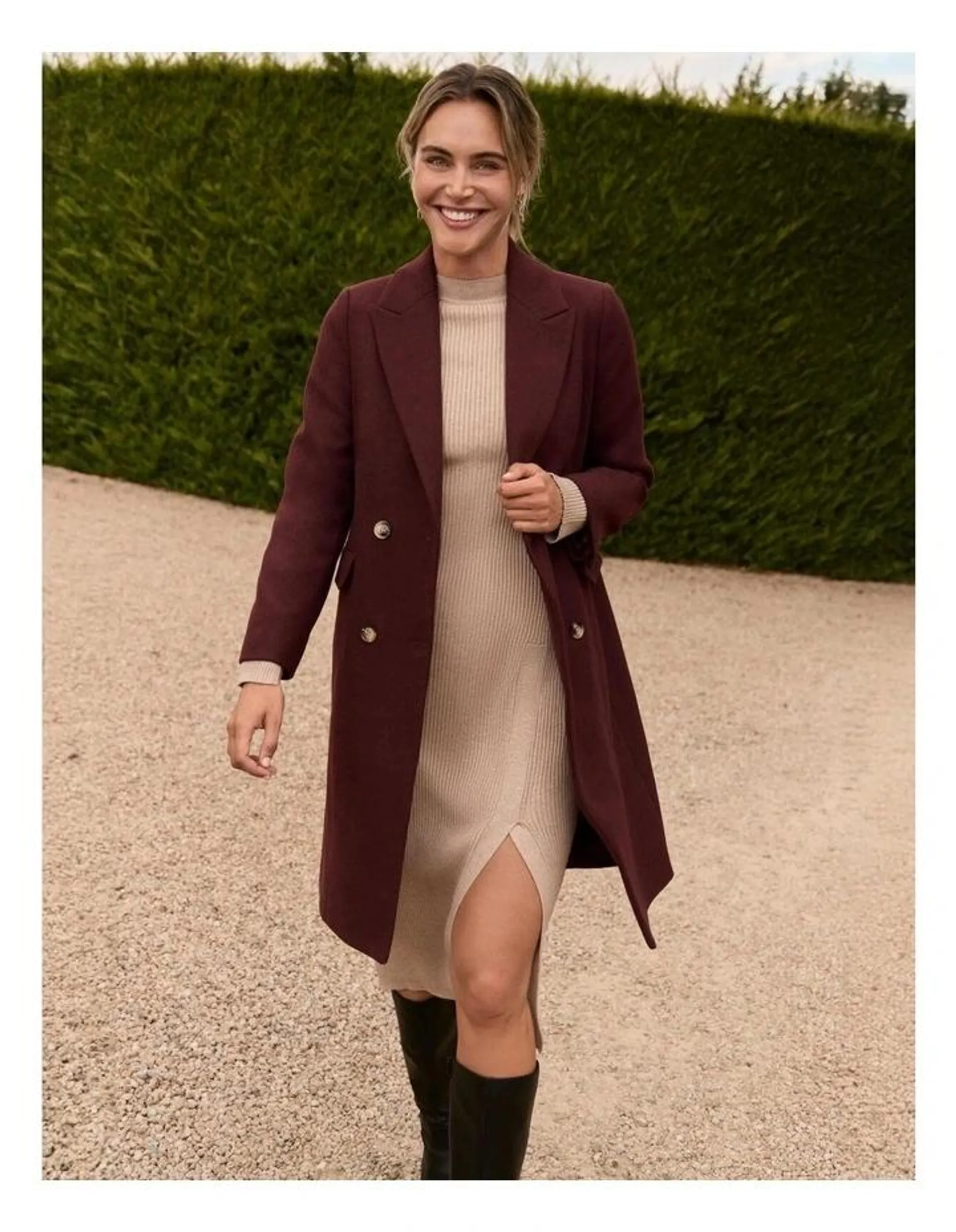 Longline Double Breasted Coat in Wine